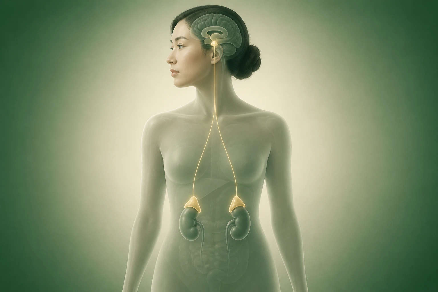 반투명 인체에서 뇌하수체와 양쪽 부신 사이 코르티솔 신호를 부드럽고 밝게 보여 주는 이미지