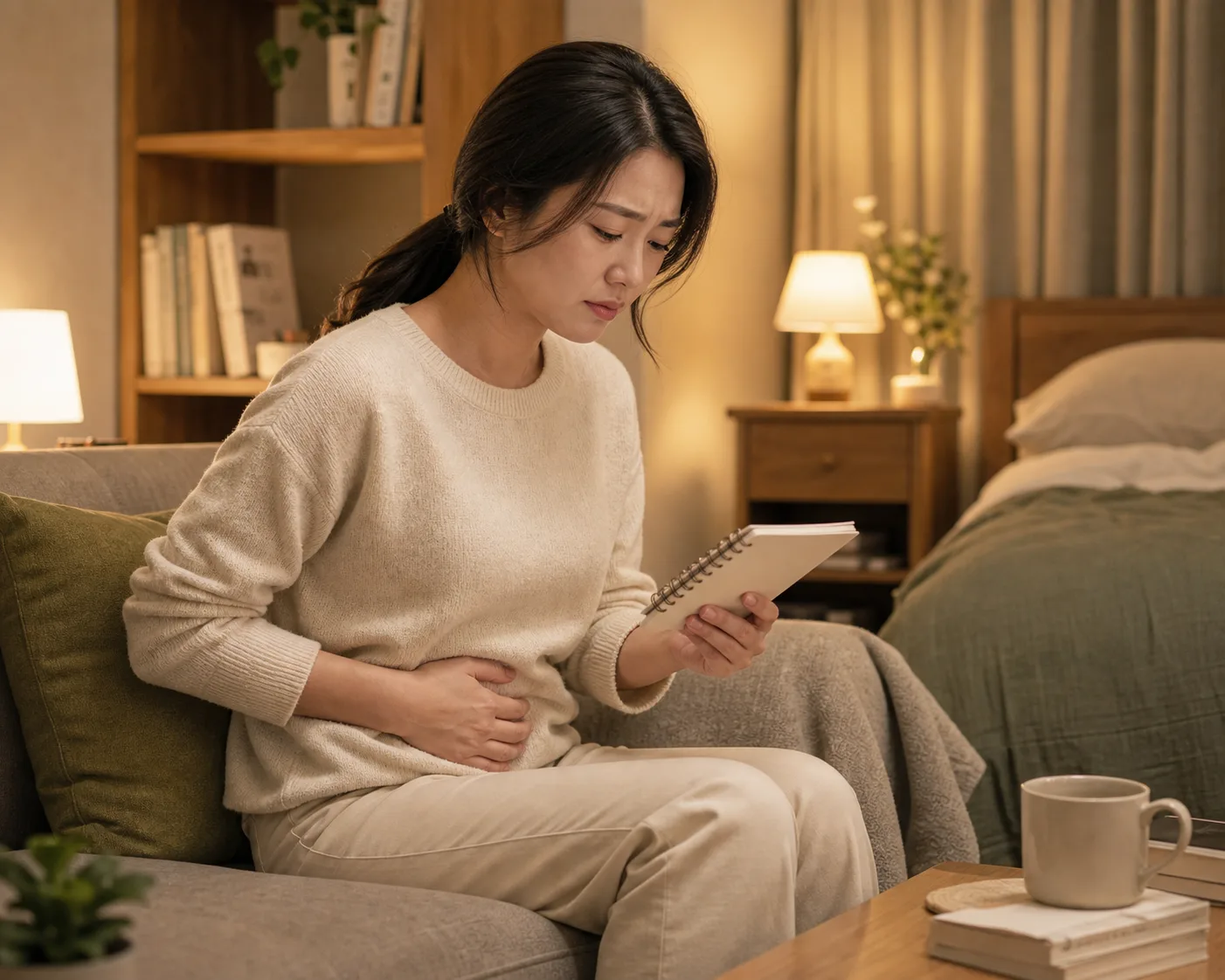 반복되는 배뇨 불편을 기록하며 방광염 재발 시점을 확인하는 한국인 환자의 일상 모습