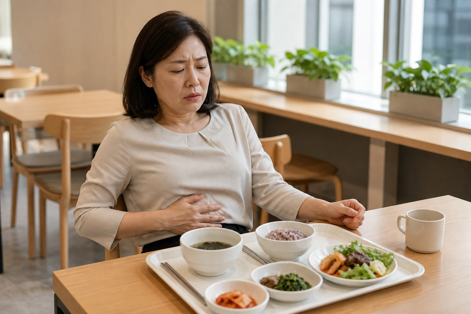 한국인 환자 한 명이 직장 점심 중 몇 숟갈 만에 명치 포만감과 답답함이 심해져 수저를 내려놓고 식사가 끊긴 생활 장면