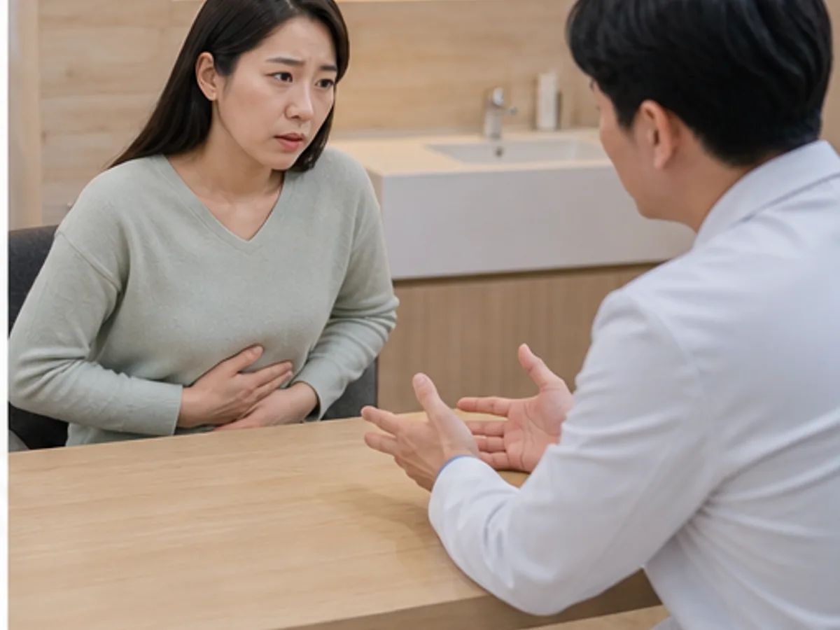 담적병 증상으로 명치 답답함과 복부 긴장을 상담하는 모던 한의원 장면