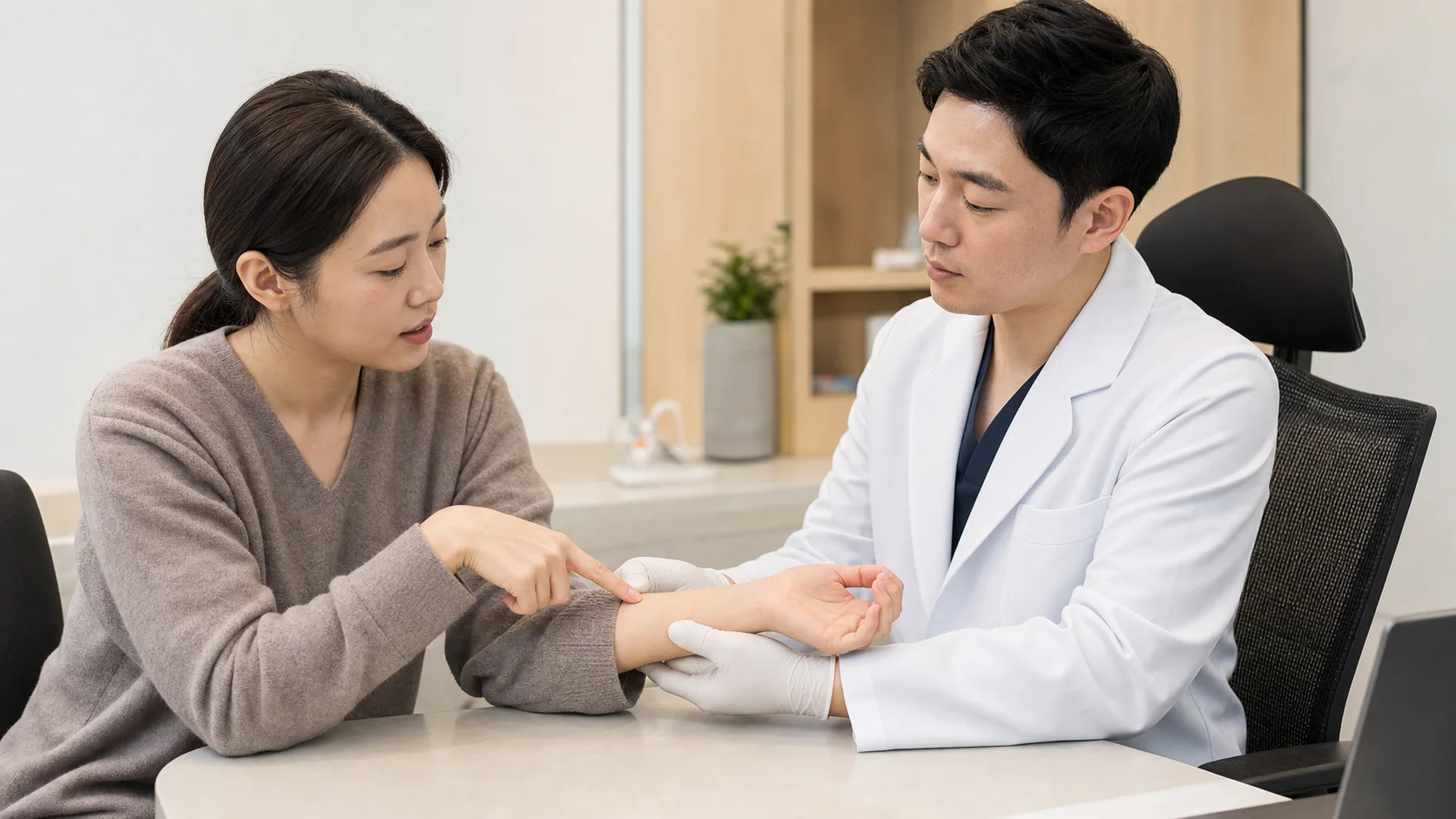 한국인 드퀘르벵병 환자가 국내 의료 상담 공간에서 엄지 쪽 손목 통증 위치를 설명하는 장면
