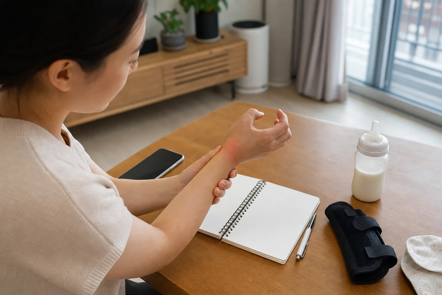 한국인 환자가 집에서 엄지 쪽 손목 통증과 손목 보호대 사용, 육아·스마트폰 뒤 악화를 기록하는 장면