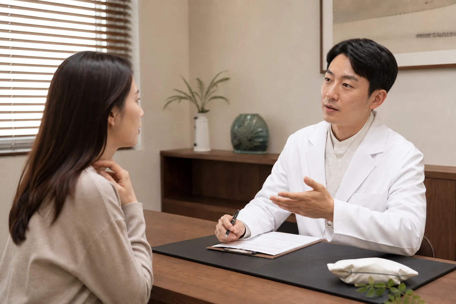 피부염으로 겪는 불편을 상담하는 환자와 의료진