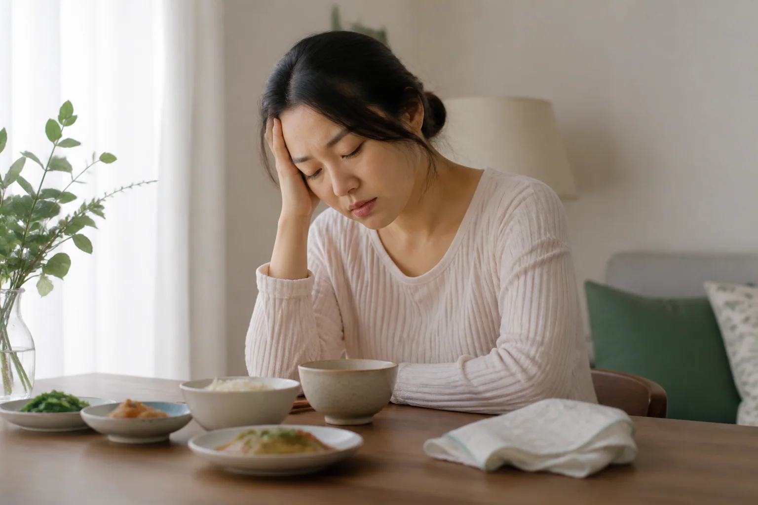 밤중 돌봄으로 잠과 끼니가 끊긴 한국인 산모 한 명이 아침 식탁에서 피로 때문에 식사를 마치지 못하고 쉬는 생활 장면