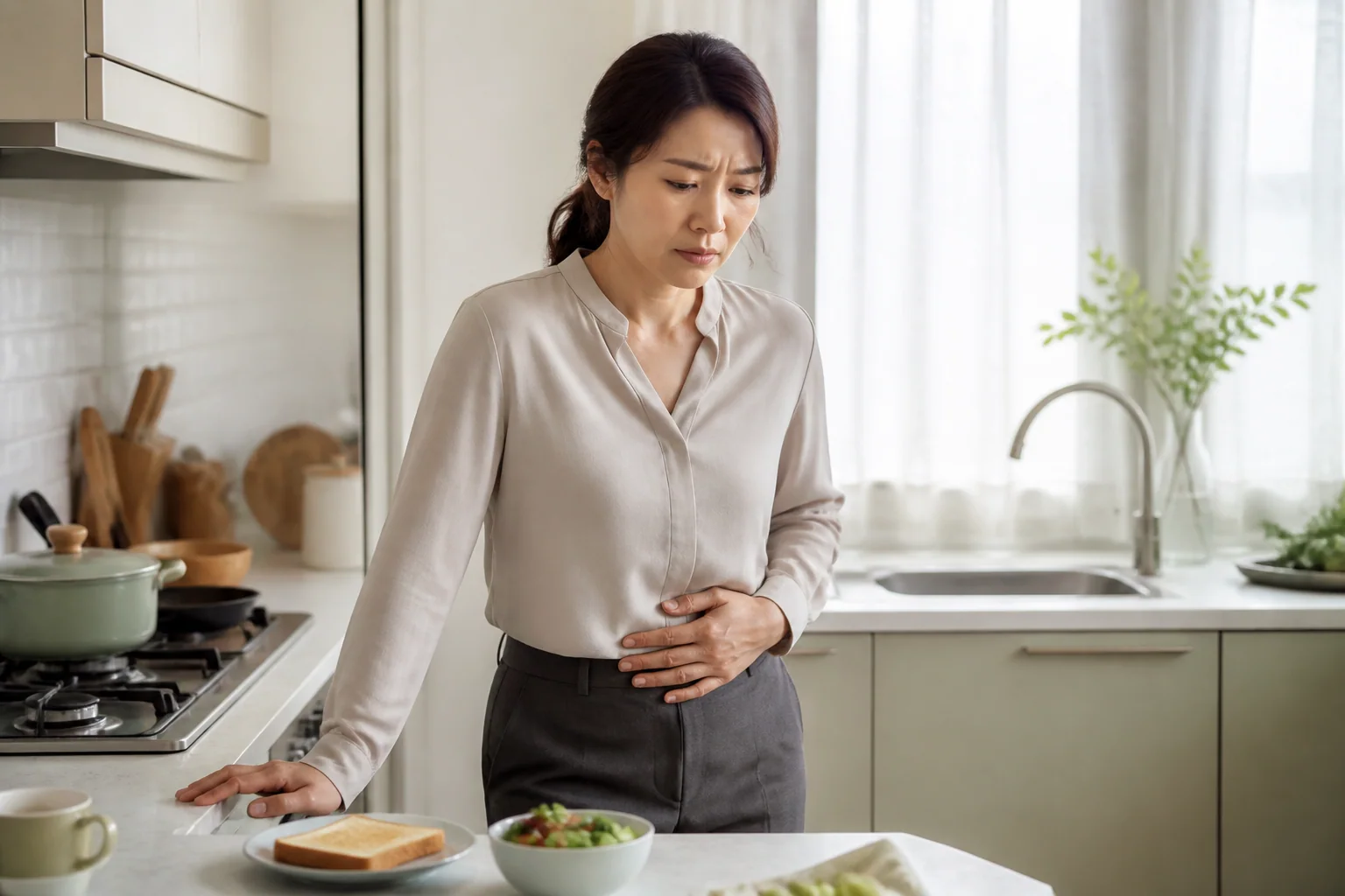 난소예비력 저하와 함께 월경 간격 변화와 피로를 겪는 한국인 여성 한 명이 출근 전 아침 준비를 멈추고 아랫배를 짚는 생활 장면