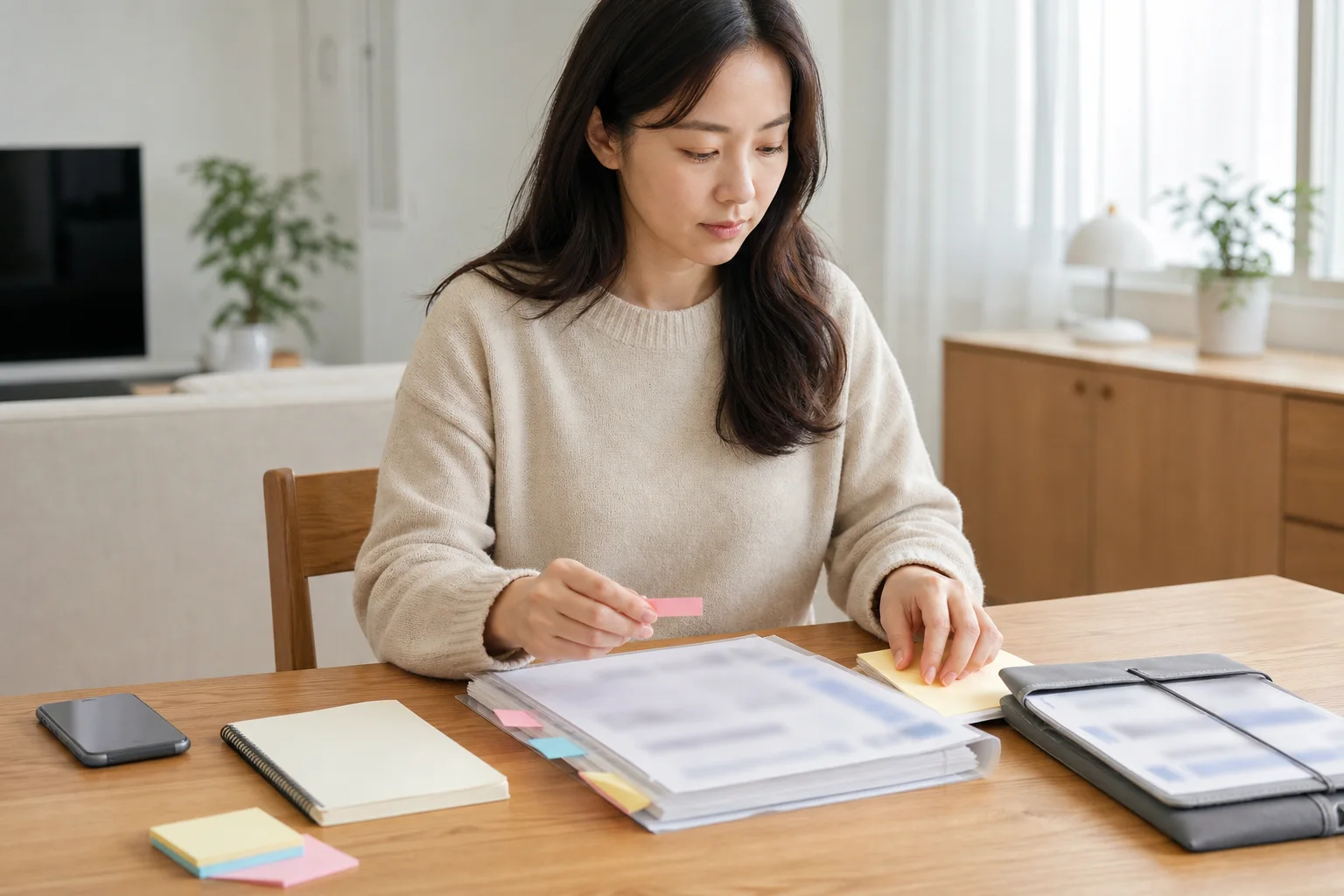 난소기능저하 상담 전 한국인 여성이 집에서 증상 기록과 검사 자료를 정리하는 장면