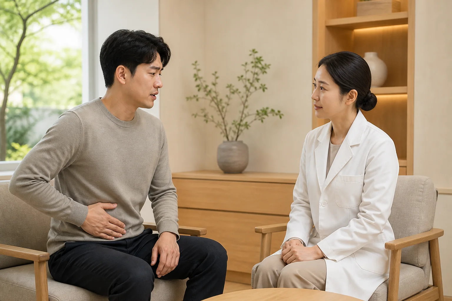 게실염으로 겪는 불편을 상담하는 환자와 의료진