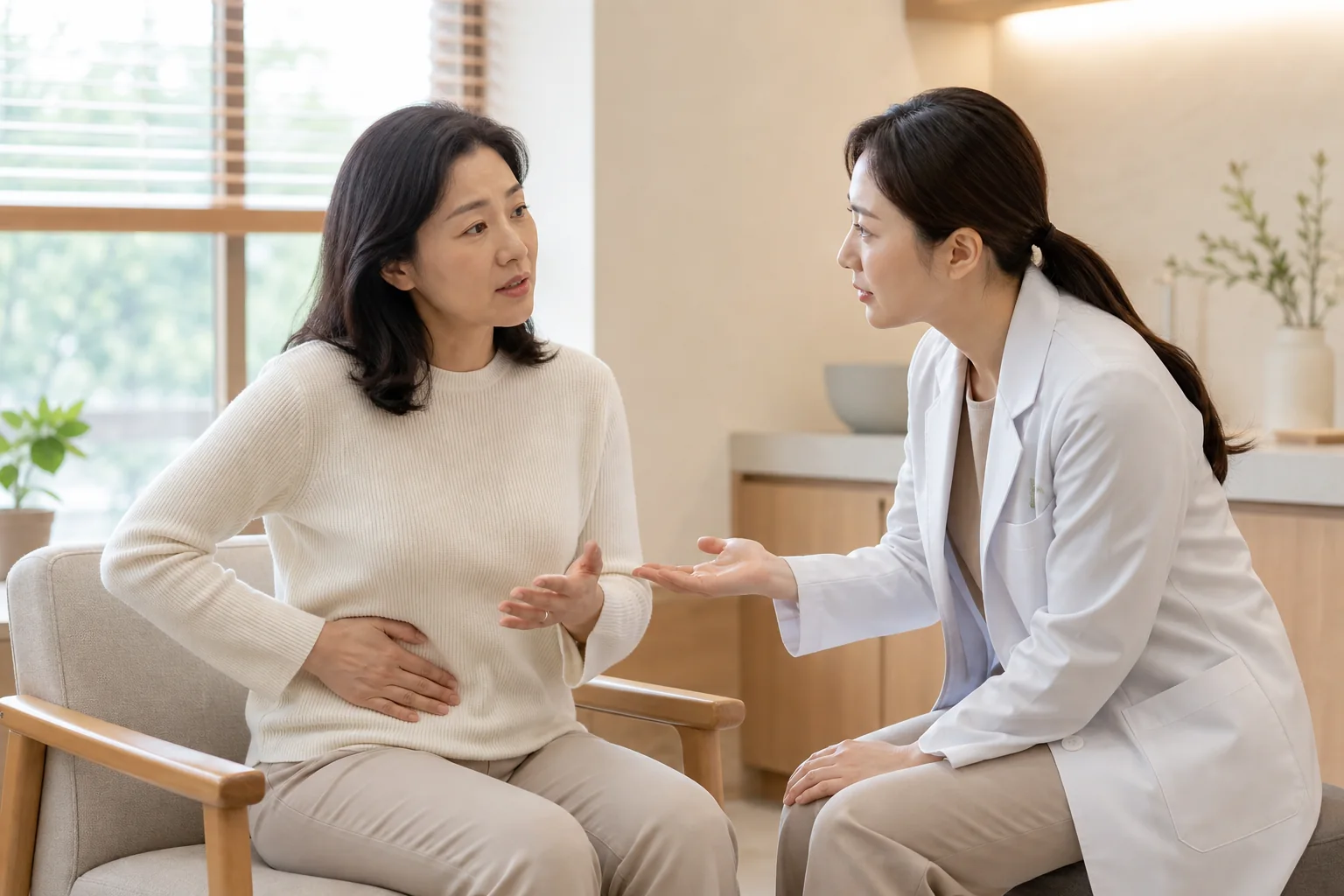 게실염 뒤 식사와 배변 불편을 설명하는 환자와 의료진