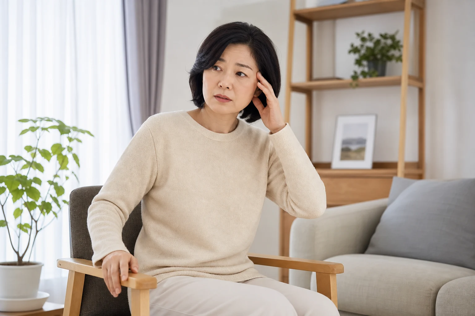 어지럼증 환자가 증상 시작 시점과 검사 기록을 상담하는 모던 한의원 진료실 장면