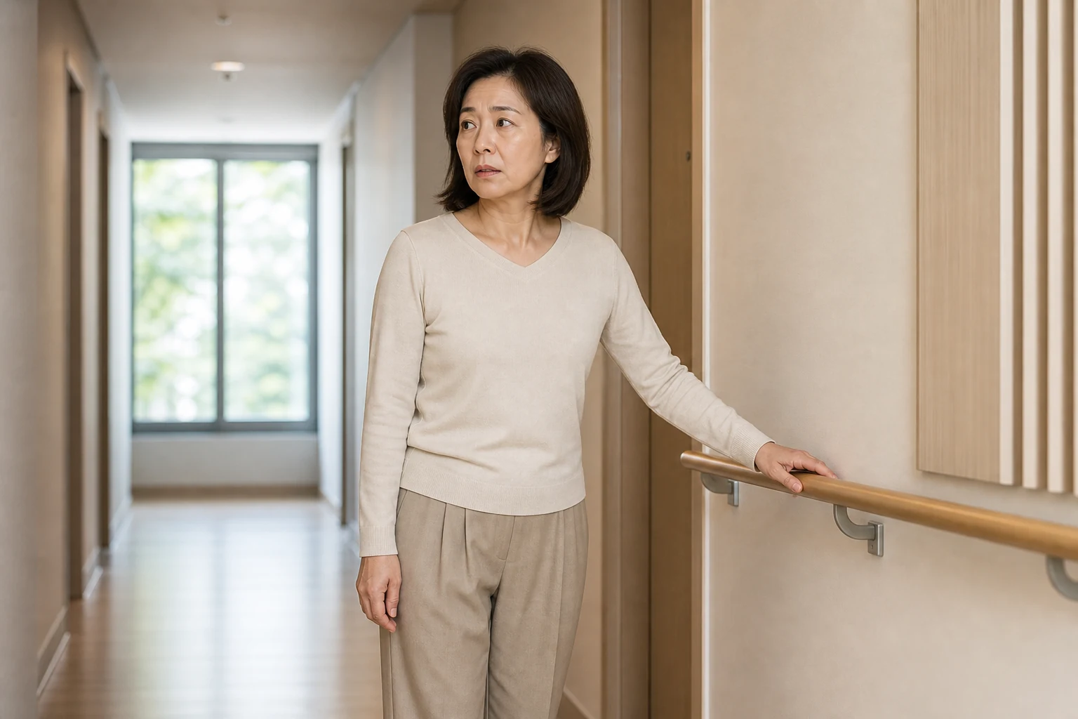 고개를 돌린 뒤 복도 난간을 가볍게 잡고 잠시 멈춘 한국인 어지럼증 환자의 일상 장면