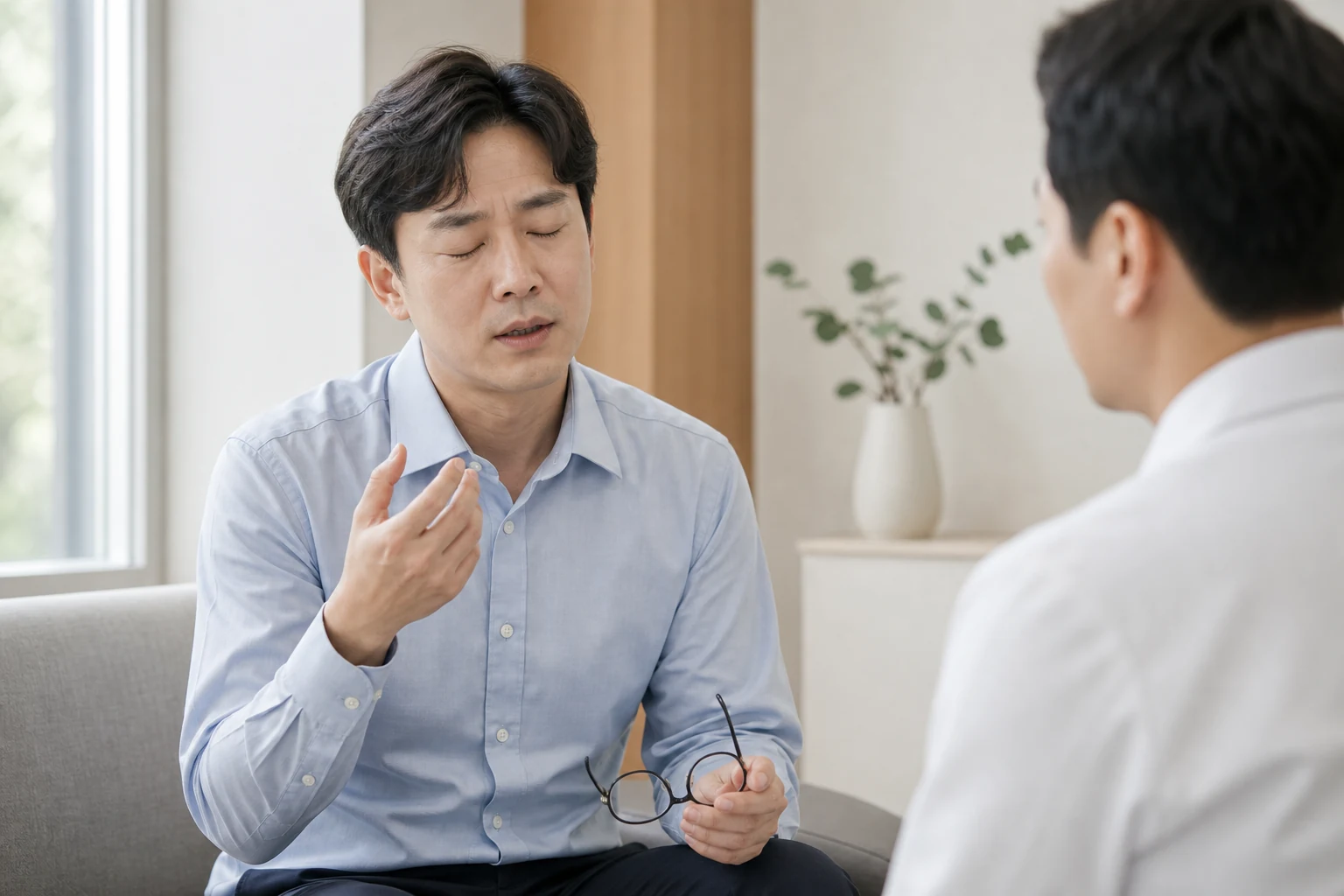 안구건조와 눈피로가 있는 환자가 눈을 잠시 감고 불편을 진료실에서 설명하는 장면