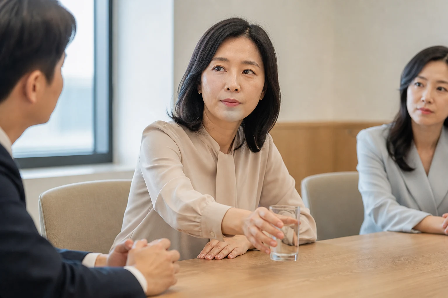 업무 회의 중 입마름 때문에 말을 멈추고 물을 집는 한국인 여성