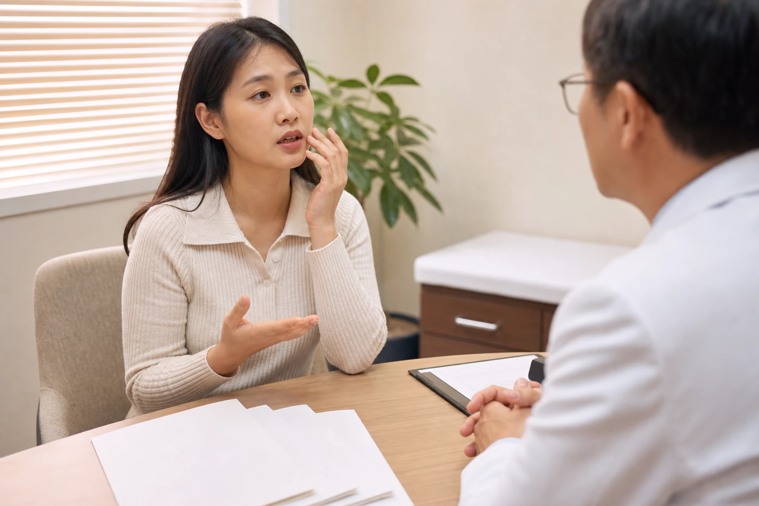 구강건조증으로 겪는 불편을 상담하는 환자와 의료진