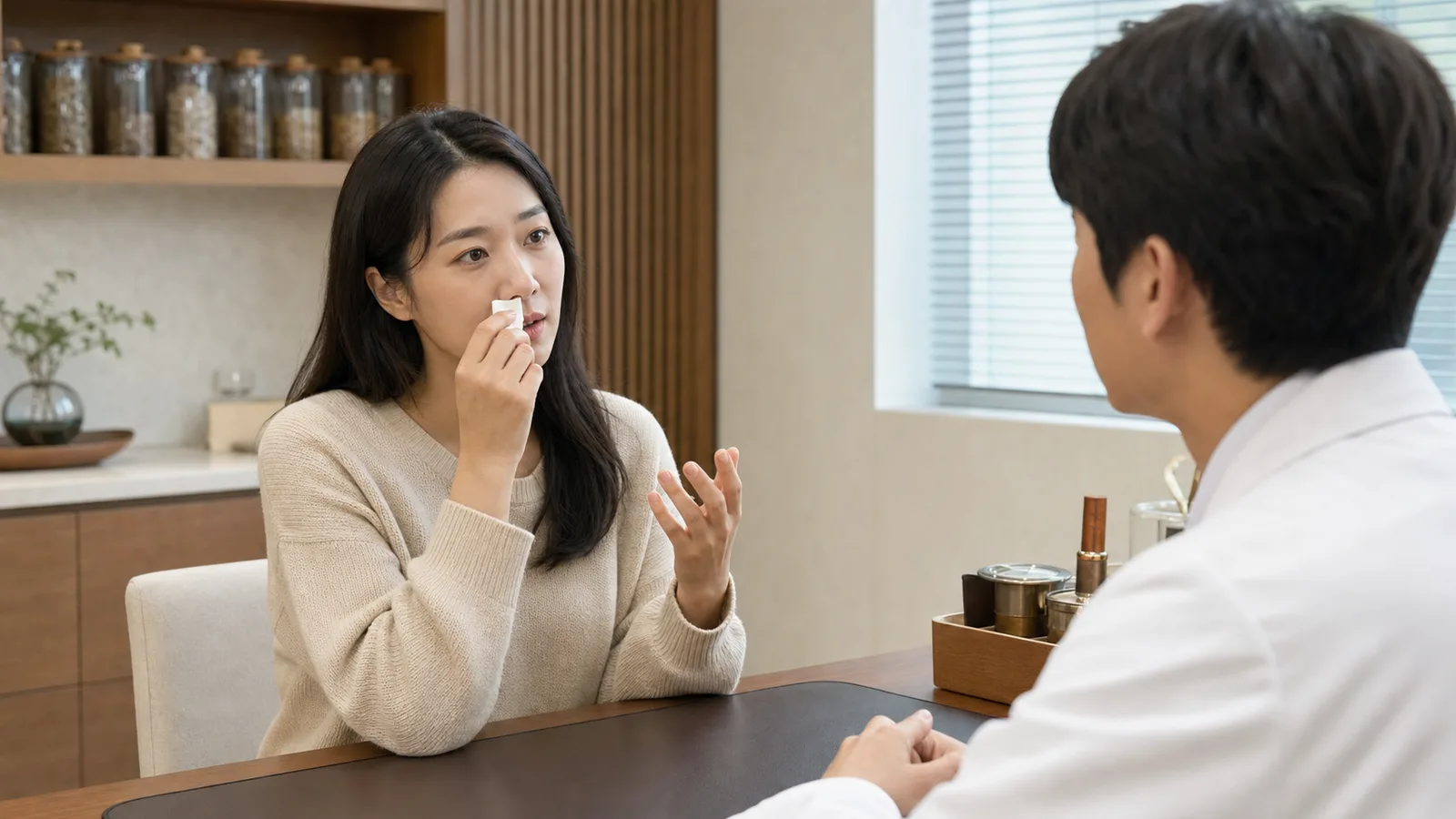 코건조증 환자가 휴지를 들고 코 안 건조감과 코피 반복을 상담하는 모던 한의원 진료실 장면