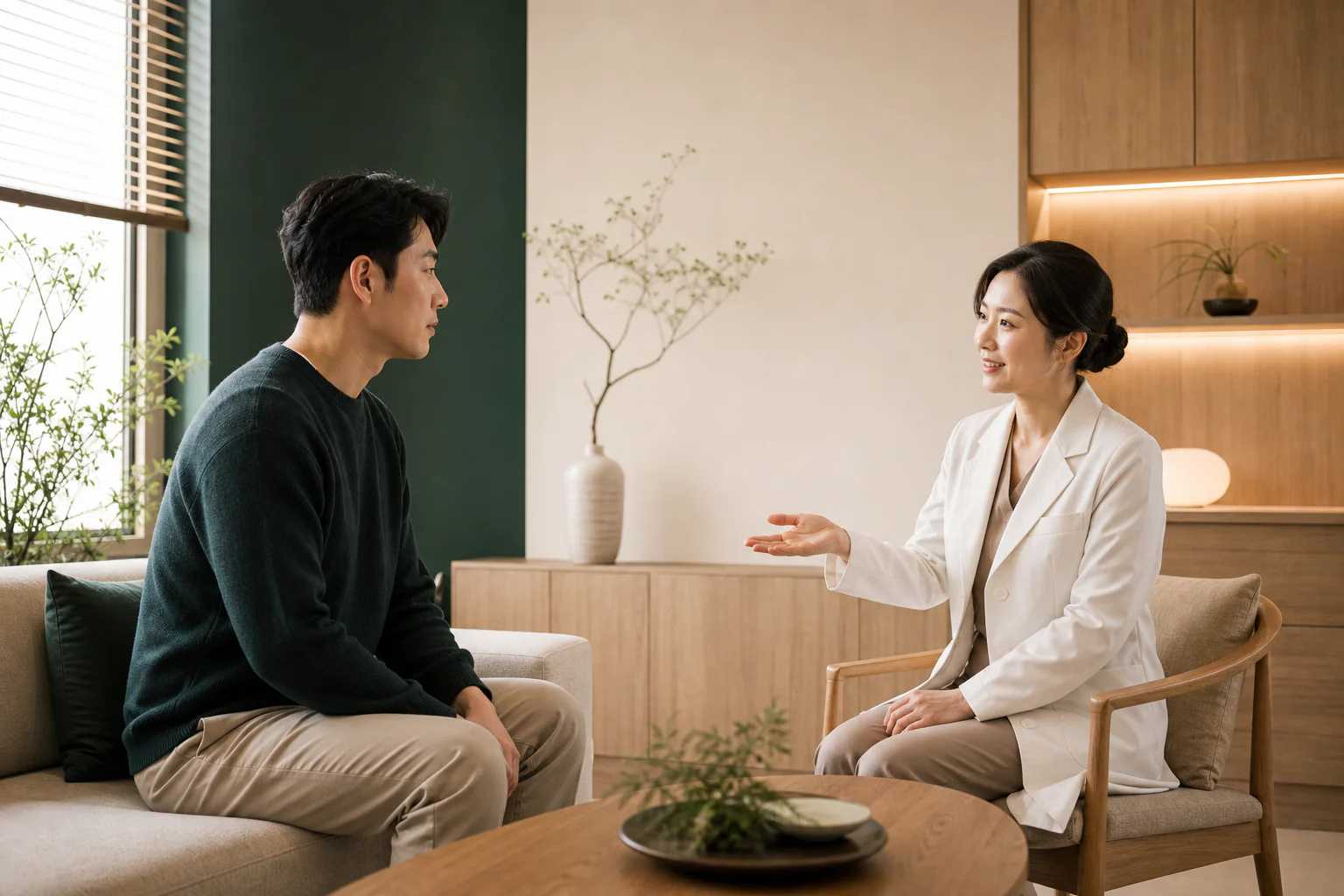 십이지장궤양으로 겪는 불편을 상담하는 환자와 의료진