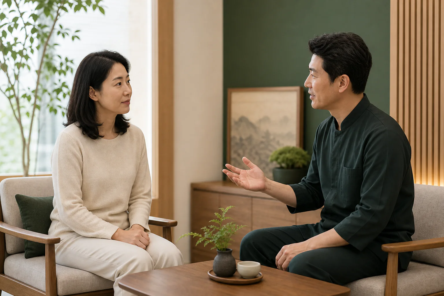 십이지장염으로 겪는 불편을 상담하는 환자와 의료진