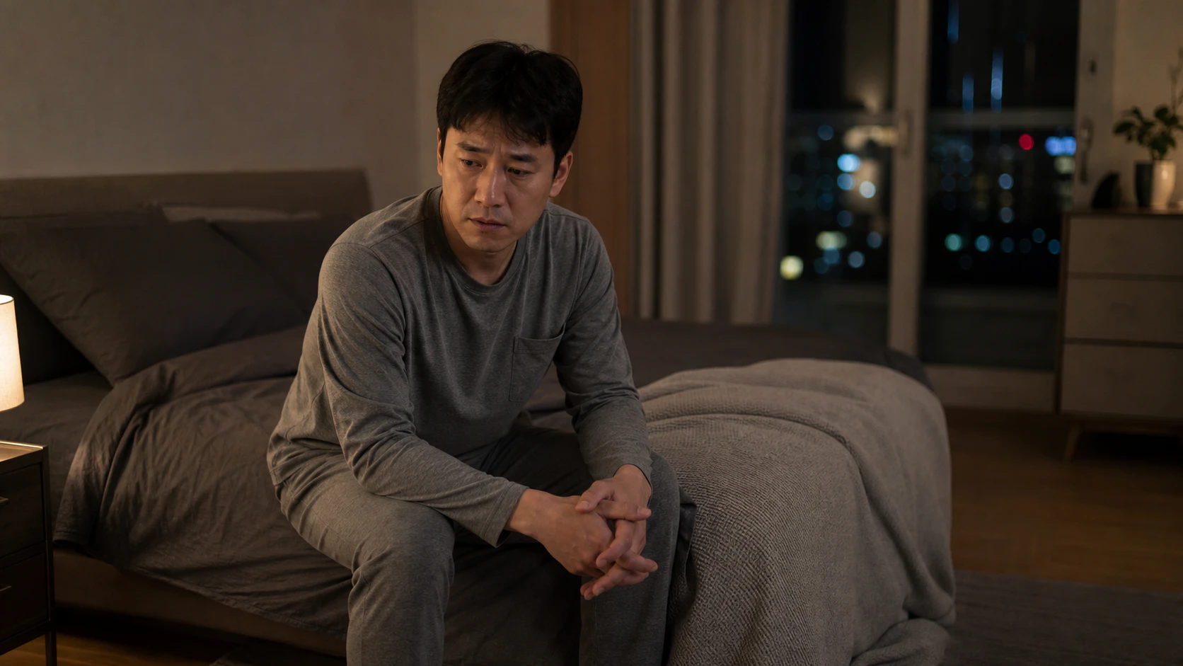 피로와 관계 전 걱정으로 잠들지 못한 채 침대 가장자리에 앉아 있는 남성