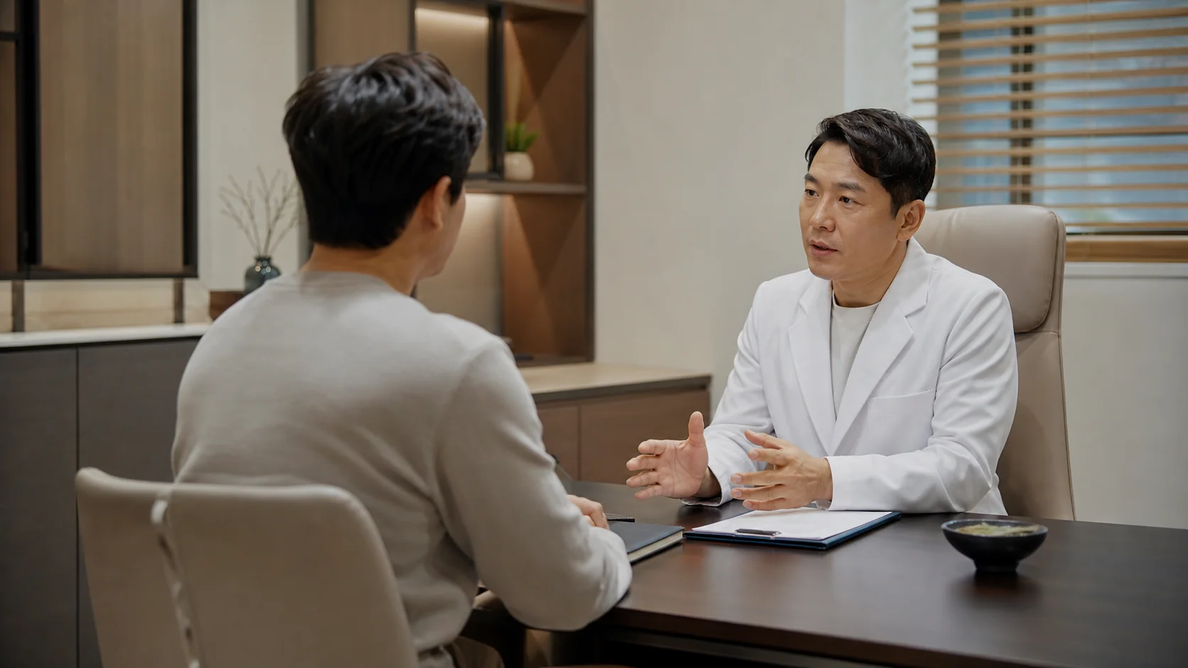 남성 기능저하 환자가 모던 한의원 상담실에서 말하기 어려운 불편과 생활 기록을 상담하는 장면