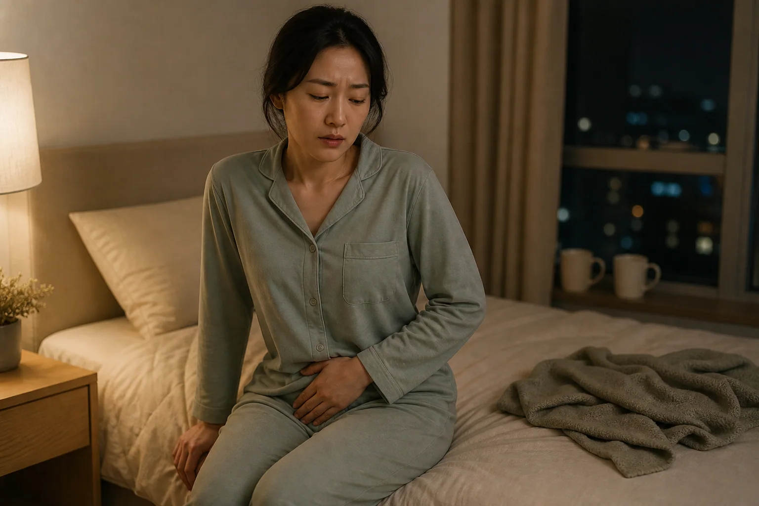 성교통으로 관계 뒤 골반 깊은 통증과 화끈거림을 겪는 한국인 여성 한 명이 침실 침대에 앉아 쉬는 생활 장면