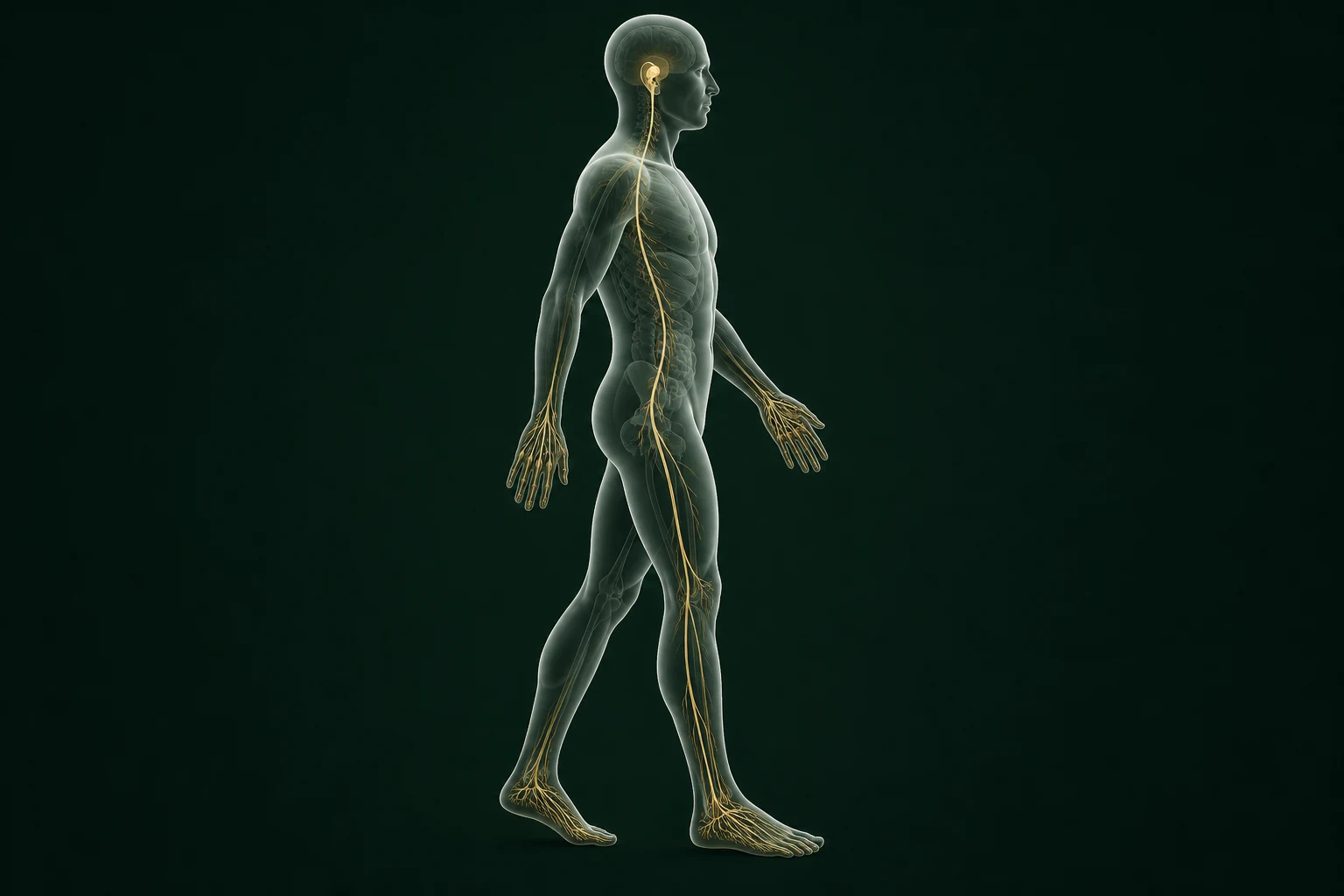 새벽중도각성 열의 흐름을 익명 반투명 인체와 절제된 금빛 경로로 보여 주는 이미지
