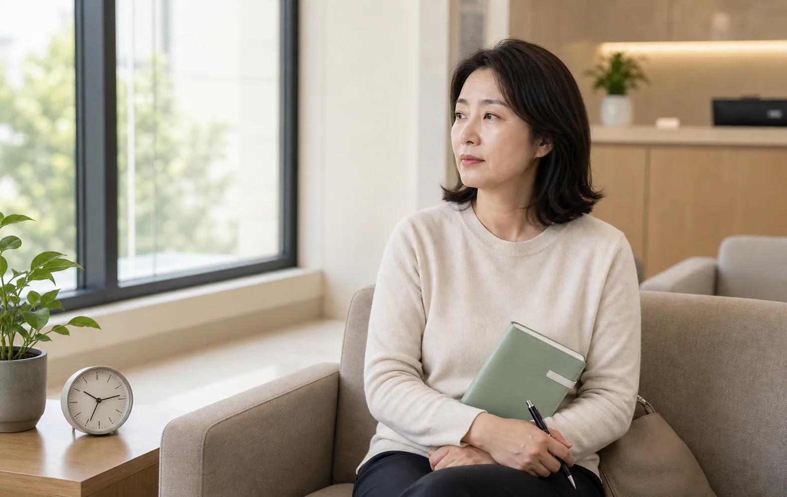 한국인 새벽중도각성 환자가 국내 의료 상담 공간에서 수면기록 노트를 들고 기다리는 사진