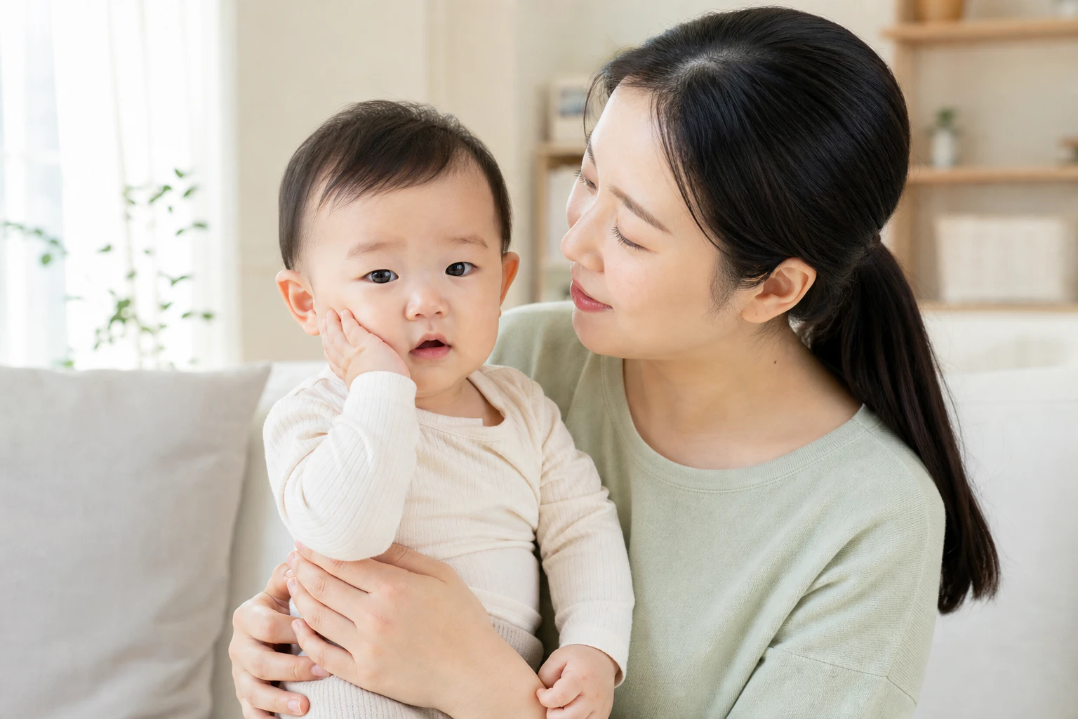밝은 집에서 볼의 건조 불편을 표현하는 한국인 영아를 보호자가 안고 살피는 장면