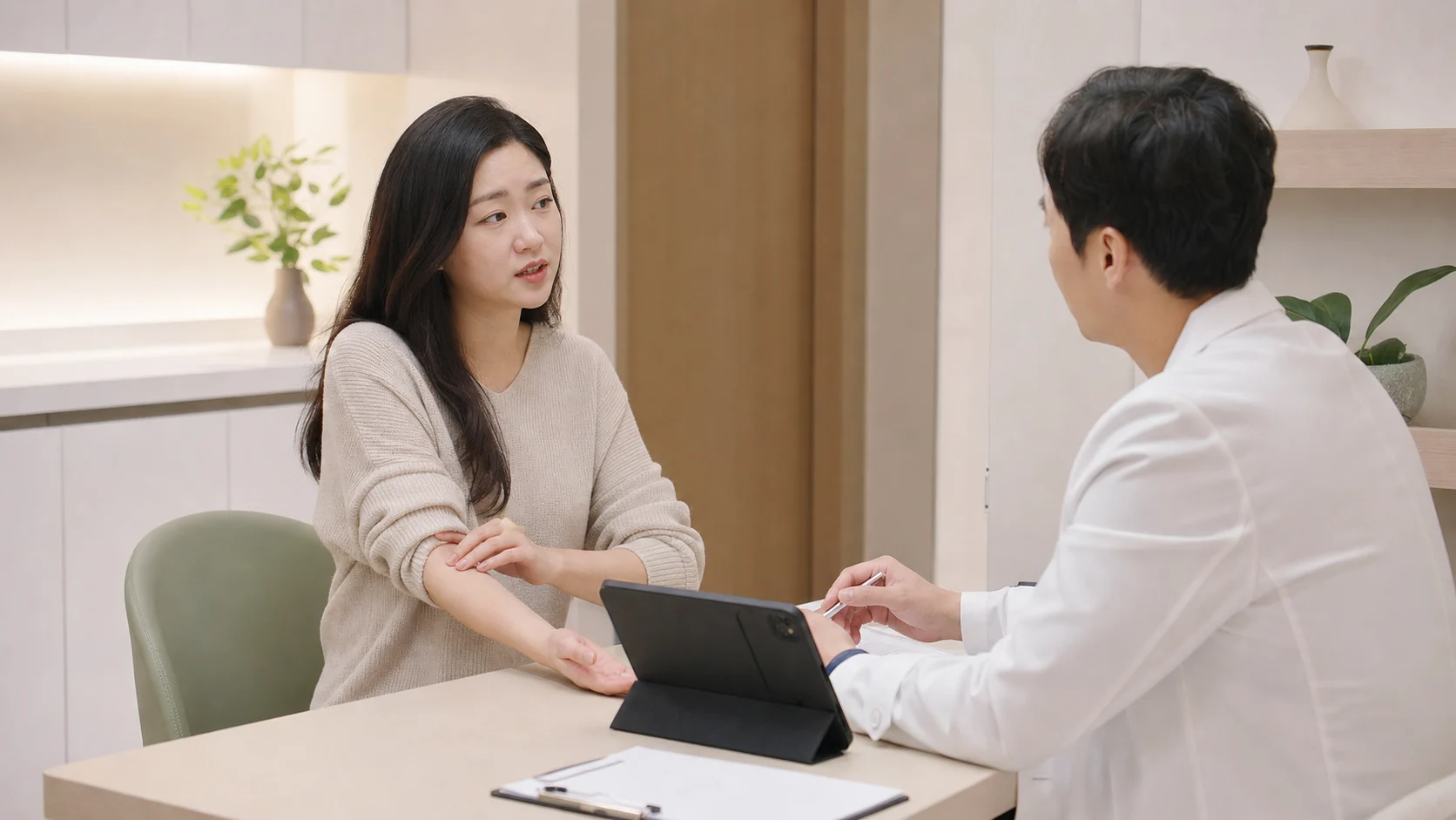습진 환자가 국내 한의원 상담실에서 반복 가려움과 피부 자극을 설명하는 장면