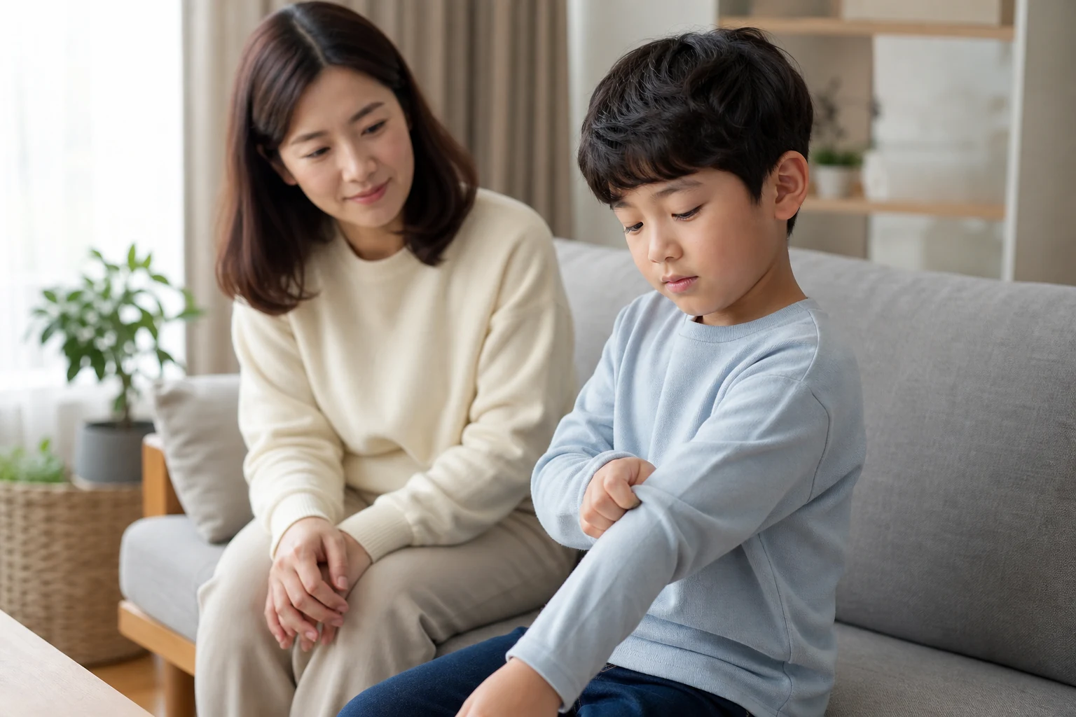 소아 습진 아이가 팔꿈치 옷감을 조절하고 보호자가 곁에서 살피는 일상 장면