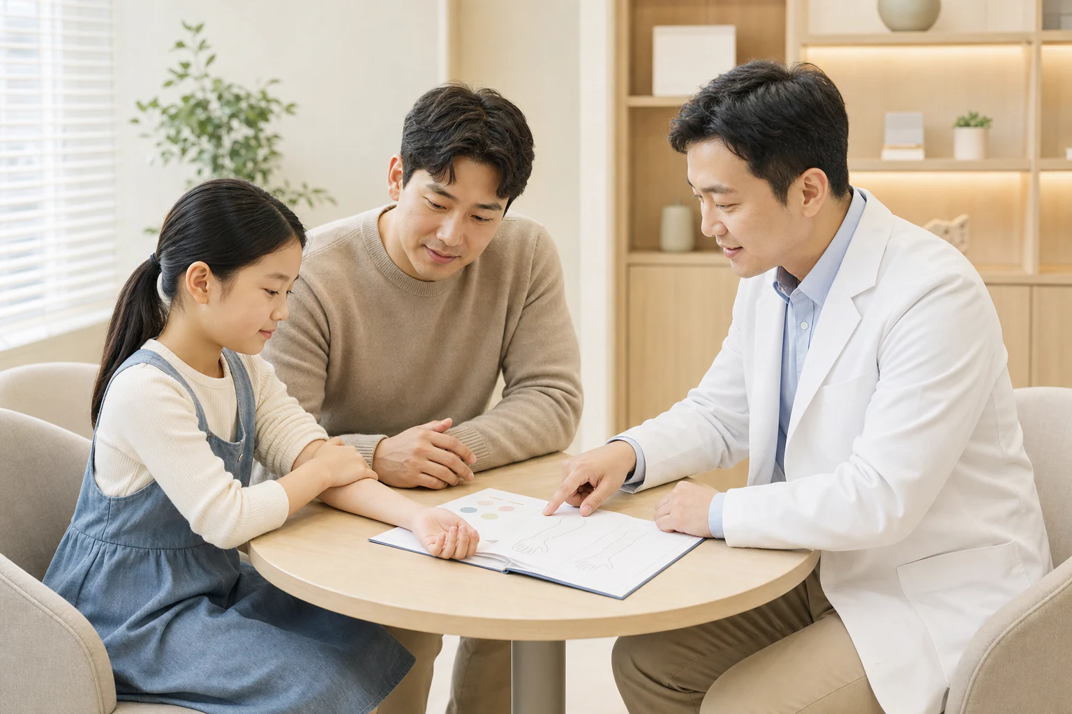 한국인 아이와 보호자가 팔의 가벼운 피부 건조와 증상 기록을 의료진과 함께 확인하는 소아 습진 상담 장면
