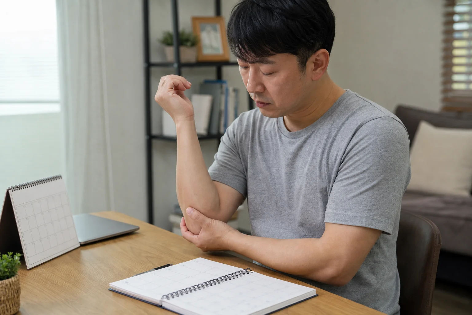 한국인 팔꿈치관절염 환자가 집에서 팔꿈치 굽힘 제한과 생활 동작 뒤 통증을 기록하는 장면