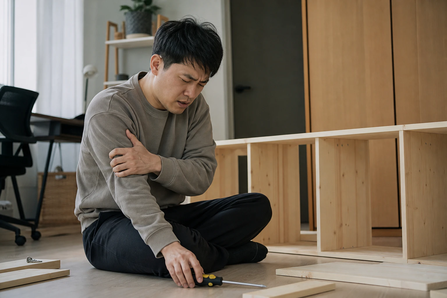 팔꿈치 통증 때문에 집에서 선반을 조립하다 드라이버를 내려놓고 멈춘 한국인 남성 한 명의 장면