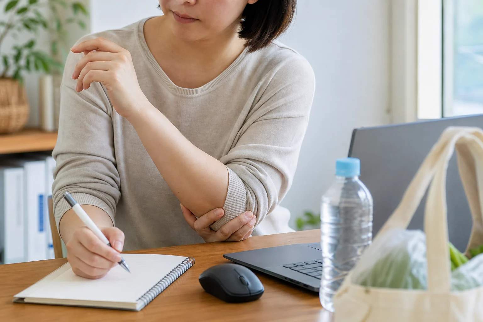 한국인 환자가 업무 책상에서 팔꿈치 통증과 마우스 사용, 장바구니 들기 뒤 불편을 생활 기록으로 정리하는 장면
