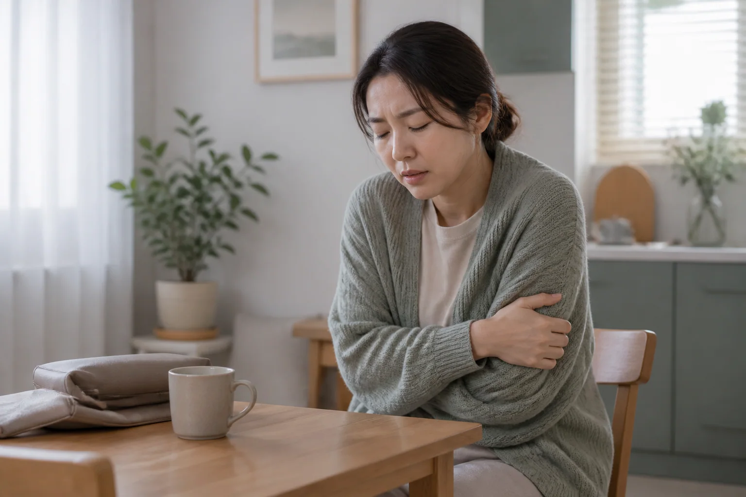 내분비성 난임과 함께 심한 추위 민감과 피로를 느끼는 한국인 여성 한 명이 아침 외출 준비를 멈추고 몸을 감싸는 생활 장면