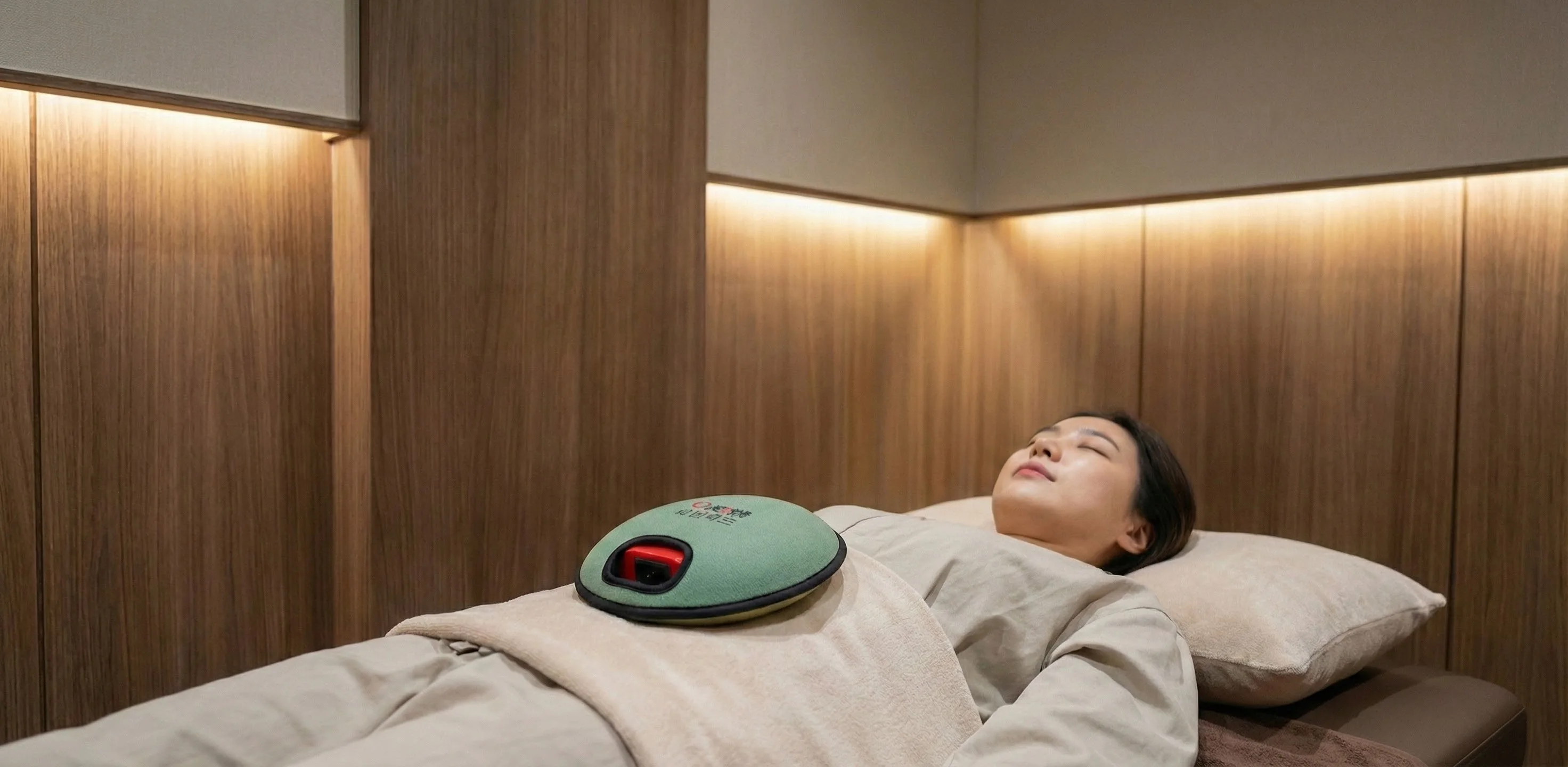 자궁내막증식증 치료 흐름에서 하복부 온열 관리와 회복 반응을 확인하는 치료실 장면