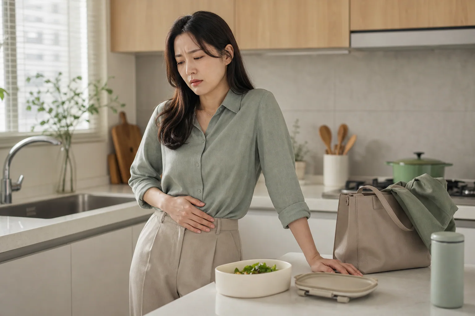 자궁내막증으로 주기적인 골반통과 복부팽만을 겪는 한국인 여성 한 명이 출근 도시락을 싸다 멈춘 생활 장면