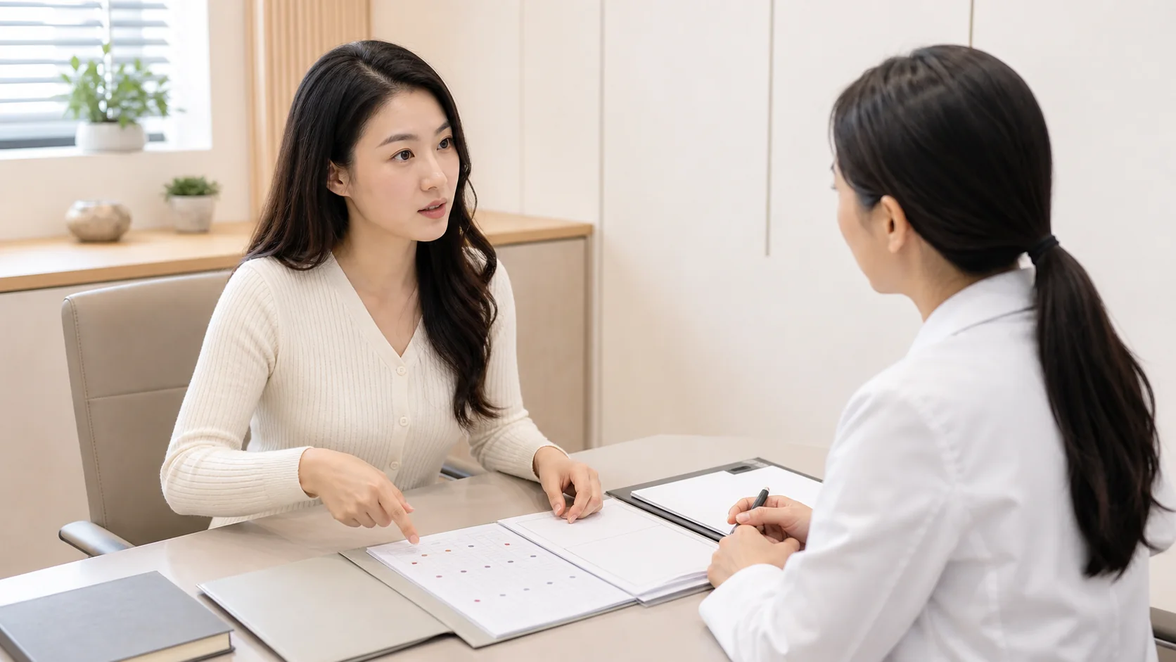 자궁내막증 환자가 통증 기록표를 보며 생리통과 골반통 반복 시점을 초진 상담에서 설명하는 장면