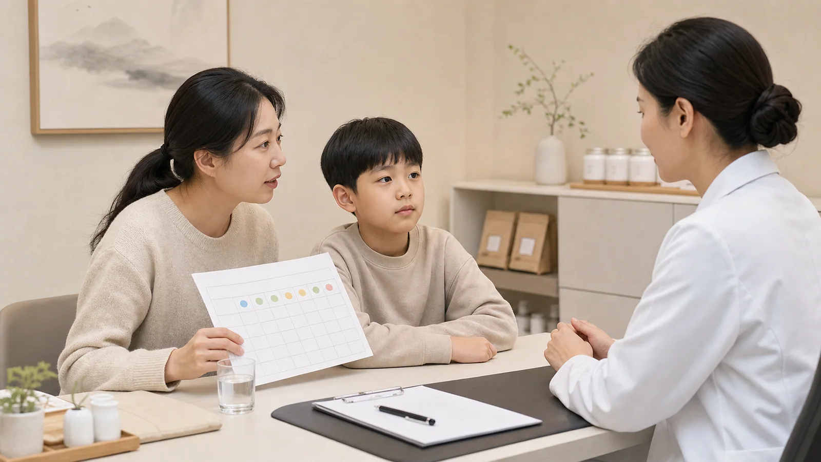 소아 장염 설사 상담에서 한국인 보호자와 아이가 수분 섭취와 배변 기록을 들고 국내 한의원 진료실에서 상담하는 장면