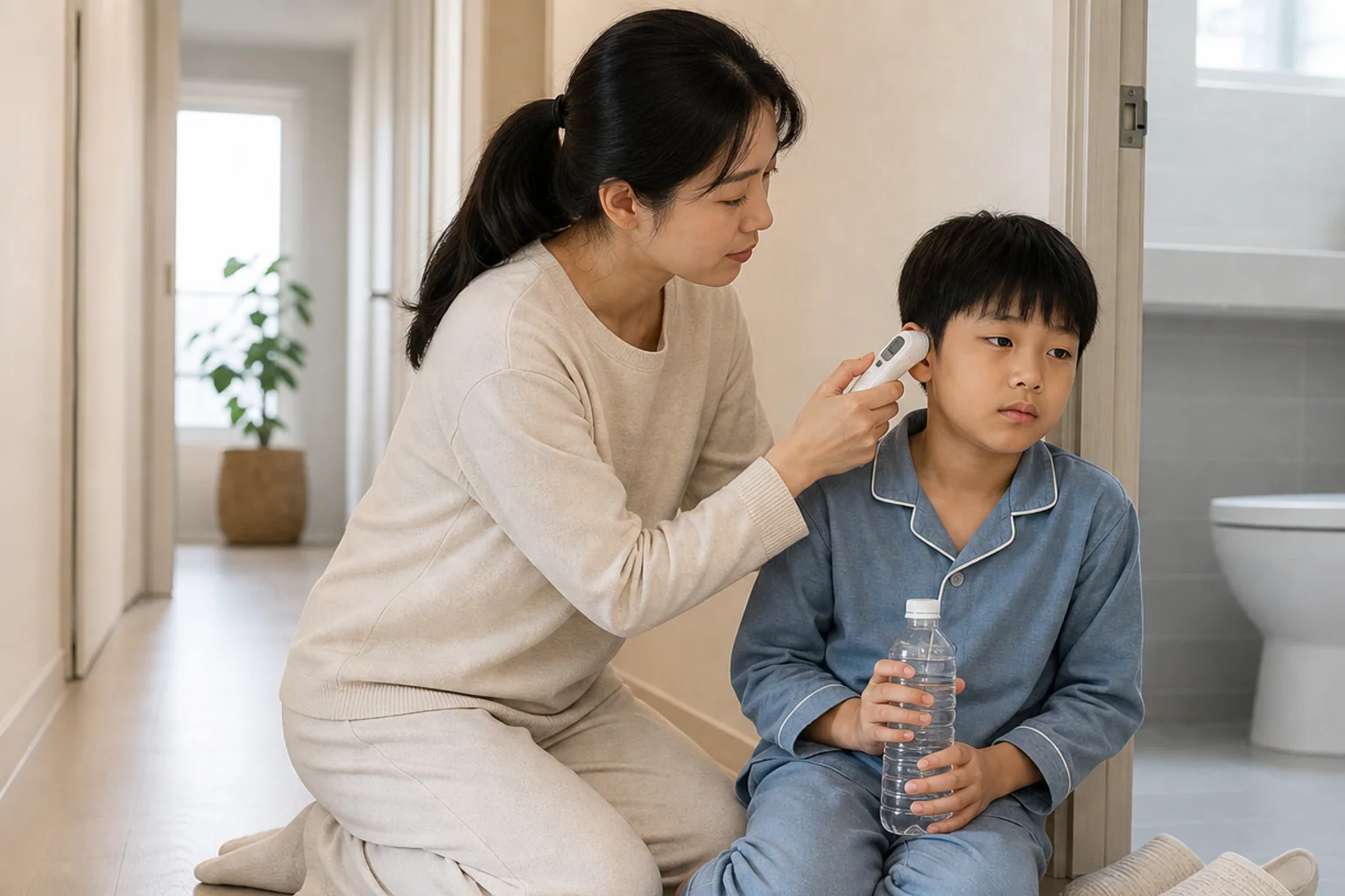 한국인 보호자가 욕실 앞 복도에서 소아 장염 설사 뒤 아이의 체온과 수분 섭취를 확인하는 생활 관리 장면