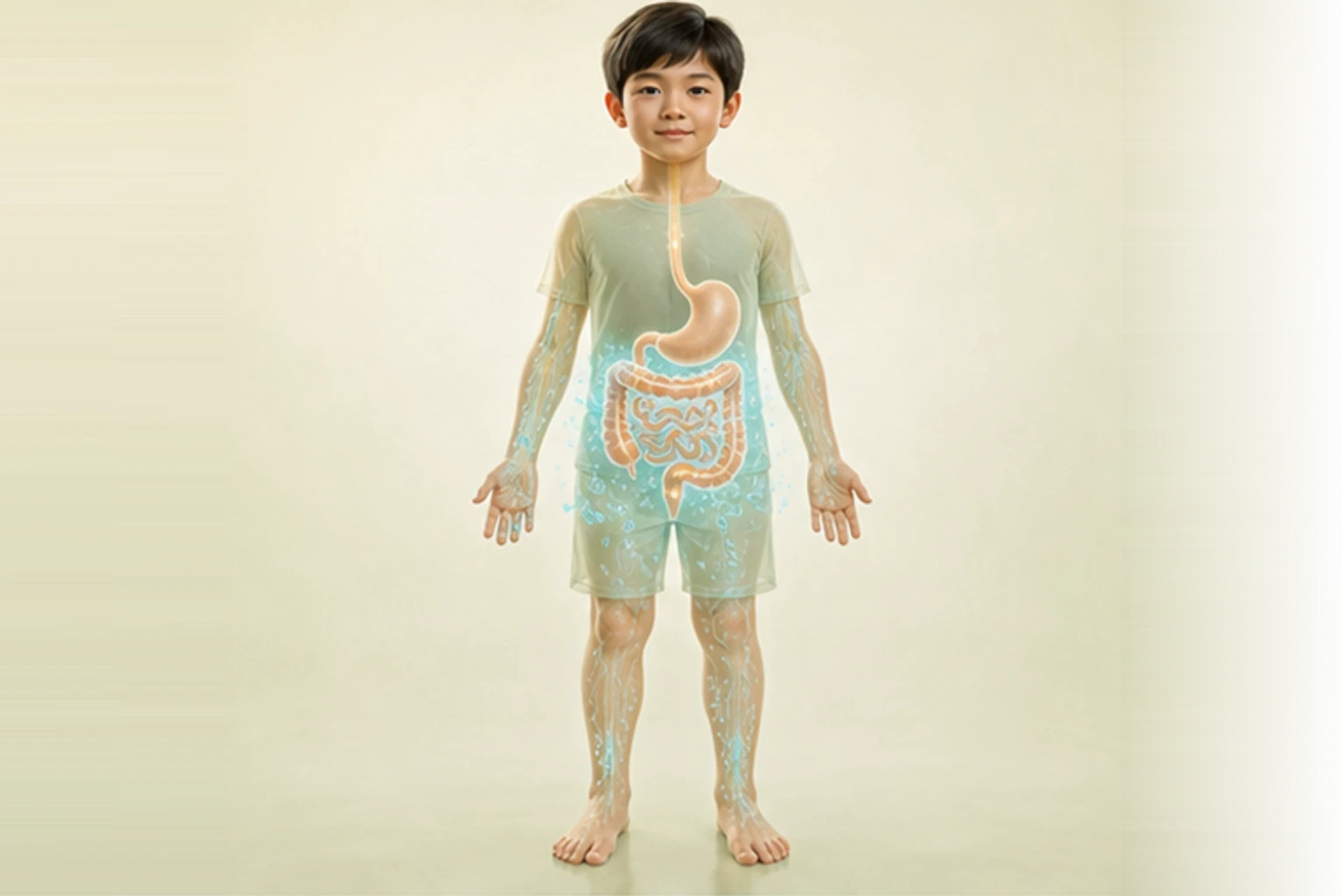 소아장염/소아설사과 관련된 신체 부위를 머리부터 발끝까지 온전히 보이는 아이 위에 밝고 친근하게 보여 주는 소아 서양의학 교육 이미지