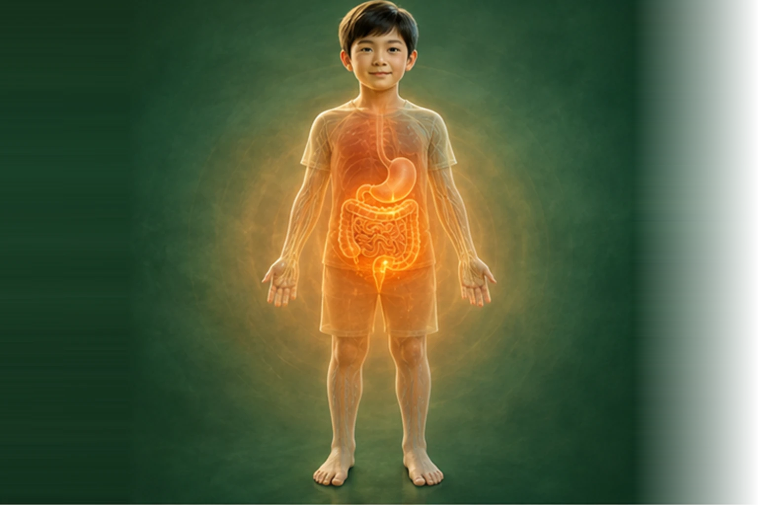소아장염/소아설사 아이의 머리부터 발끝까지 온전한 인체 형태에서 열의 흐름을 선명한 황금빛으로 보여 주는 담적병 골든셋 교육 이미지