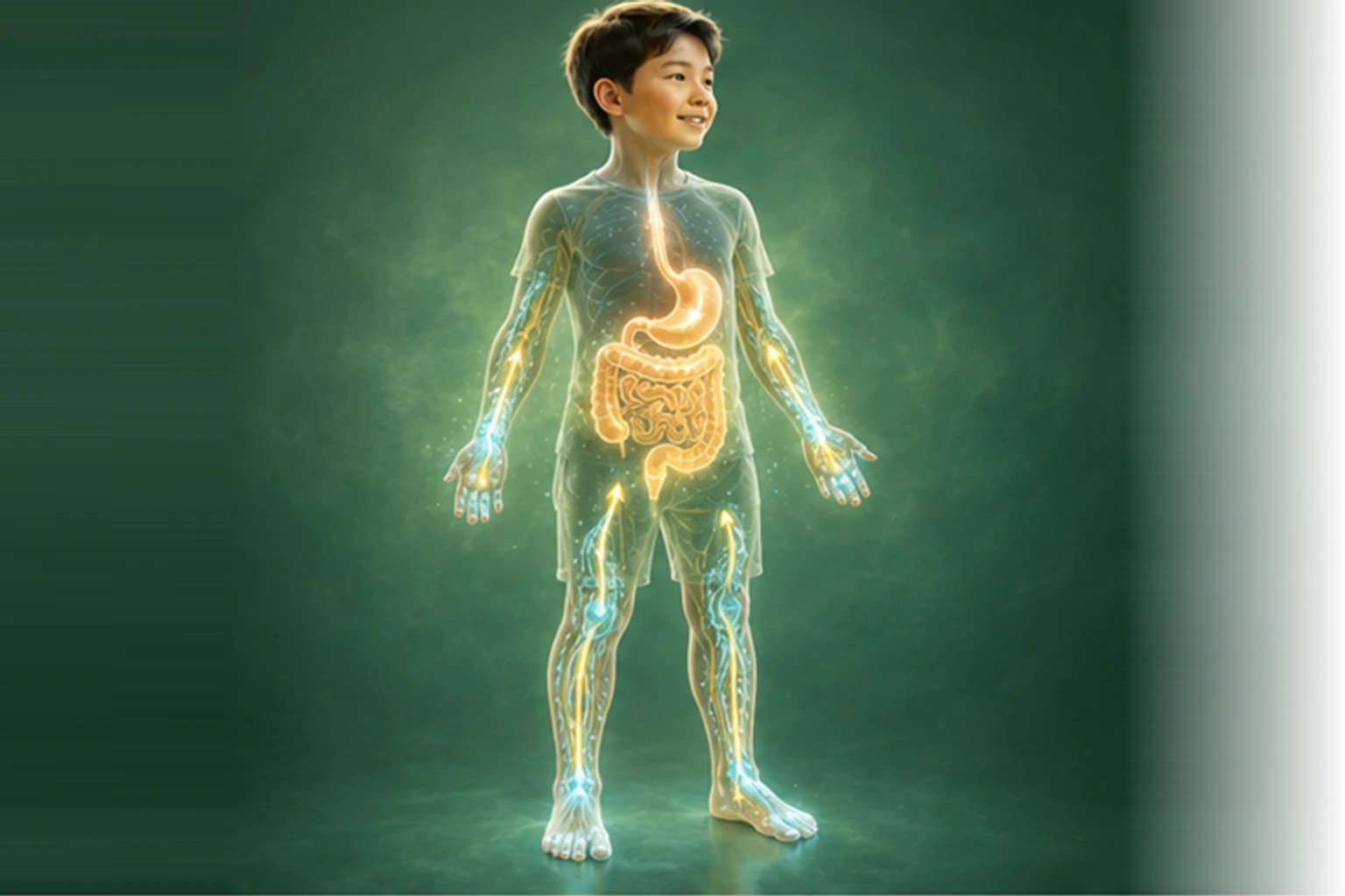 소아장염/소아설사 아이의 머리부터 발끝까지 온전한 인체 형태에서 물질의 흐름을 선명한 황금빛으로 보여 주는 담적병 골든셋 교육 이미지