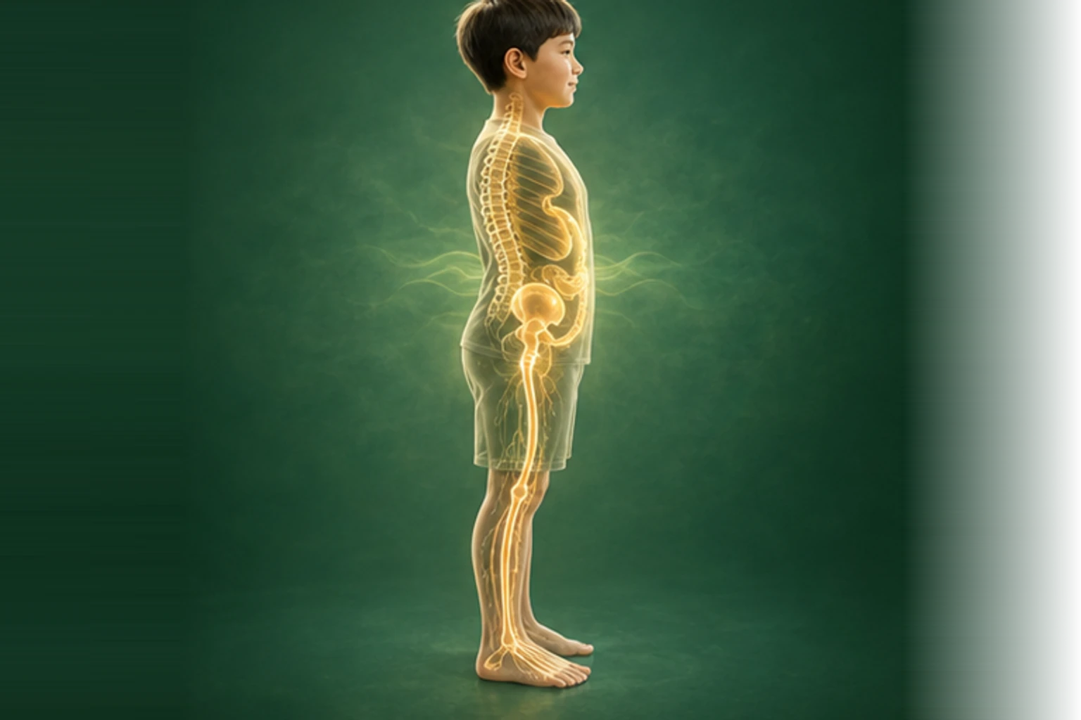 소아장염/소아설사 아이의 머리부터 발끝까지 온전한 인체 형태에서 구조의 흐름을 선명한 황금빛으로 보여 주는 담적병 골든셋 교육 이미지