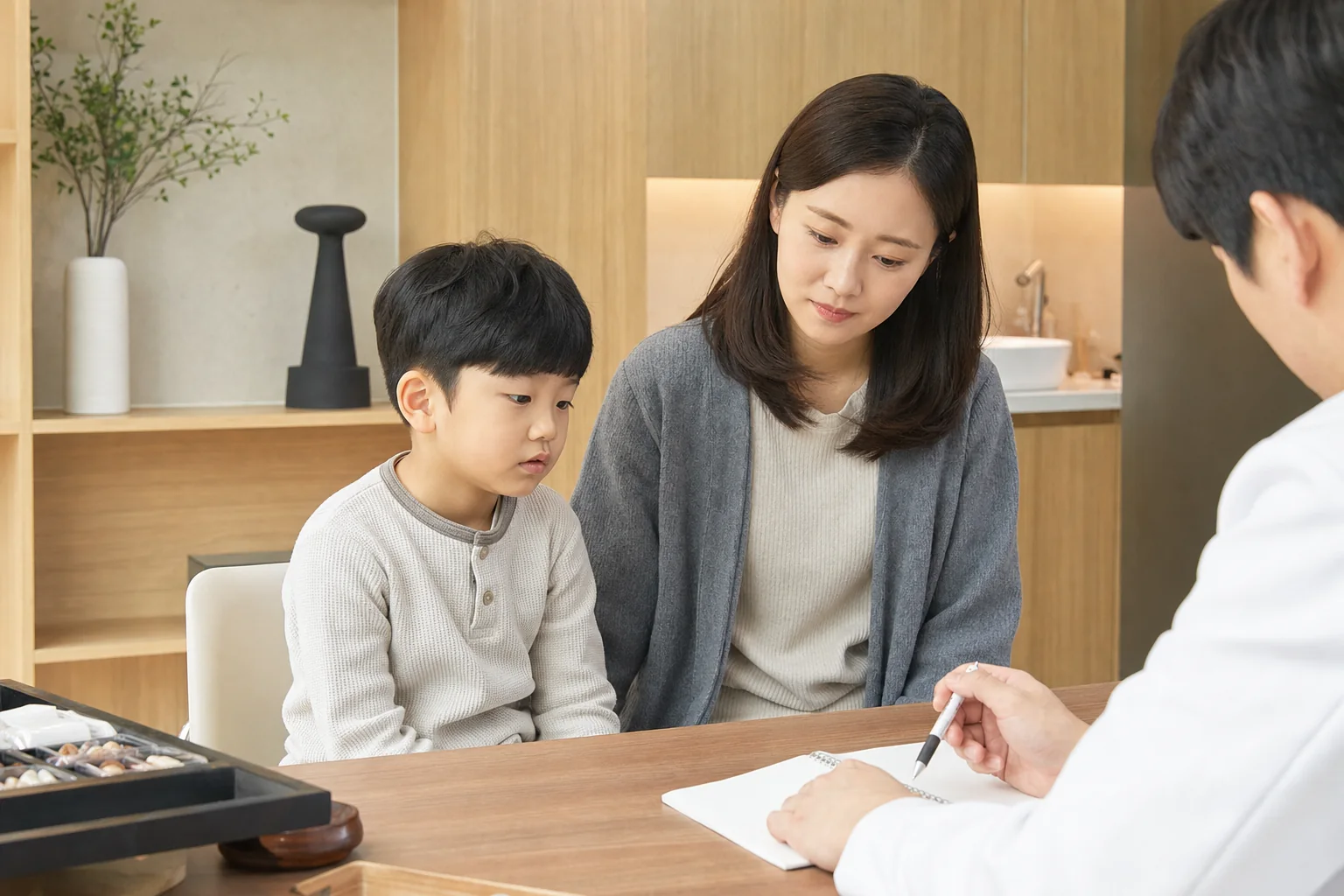 야뇨증으로 밤 소변과 수면 부담을 상담하는 아이와 보호자의 한의원 진료 장면