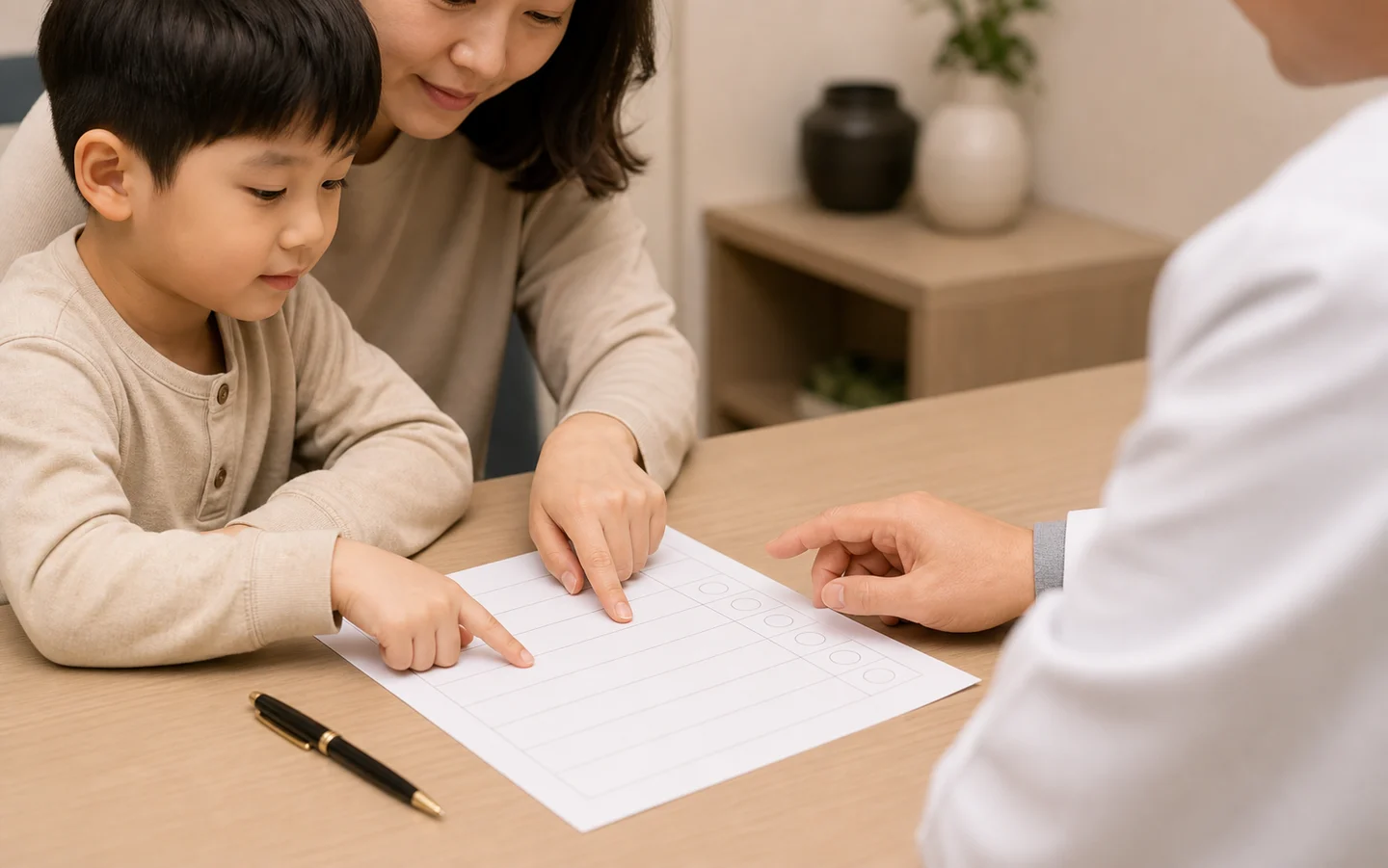 보호자와 아이가 소아 야뇨증 배뇨 시간표와 수면 기록을 함께 보는 생활 기록 장면