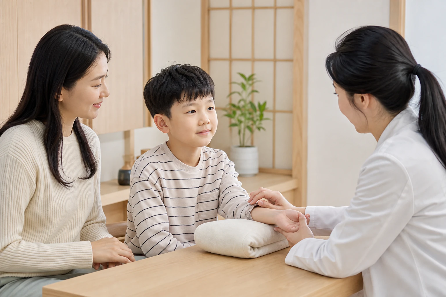 보호자가 곁에 있는 진료실에서 한의사가 아이의 맥을 살피는 장면