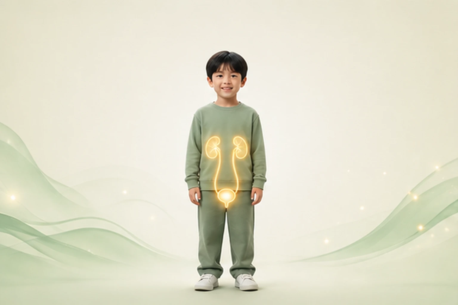 소아야뇨증과 관련된 신체 부위를 머리부터 발끝까지 온전히 보이는 아이 위에 밝고 친근하게 보여 주는 소아 서양의학 교육 이미지