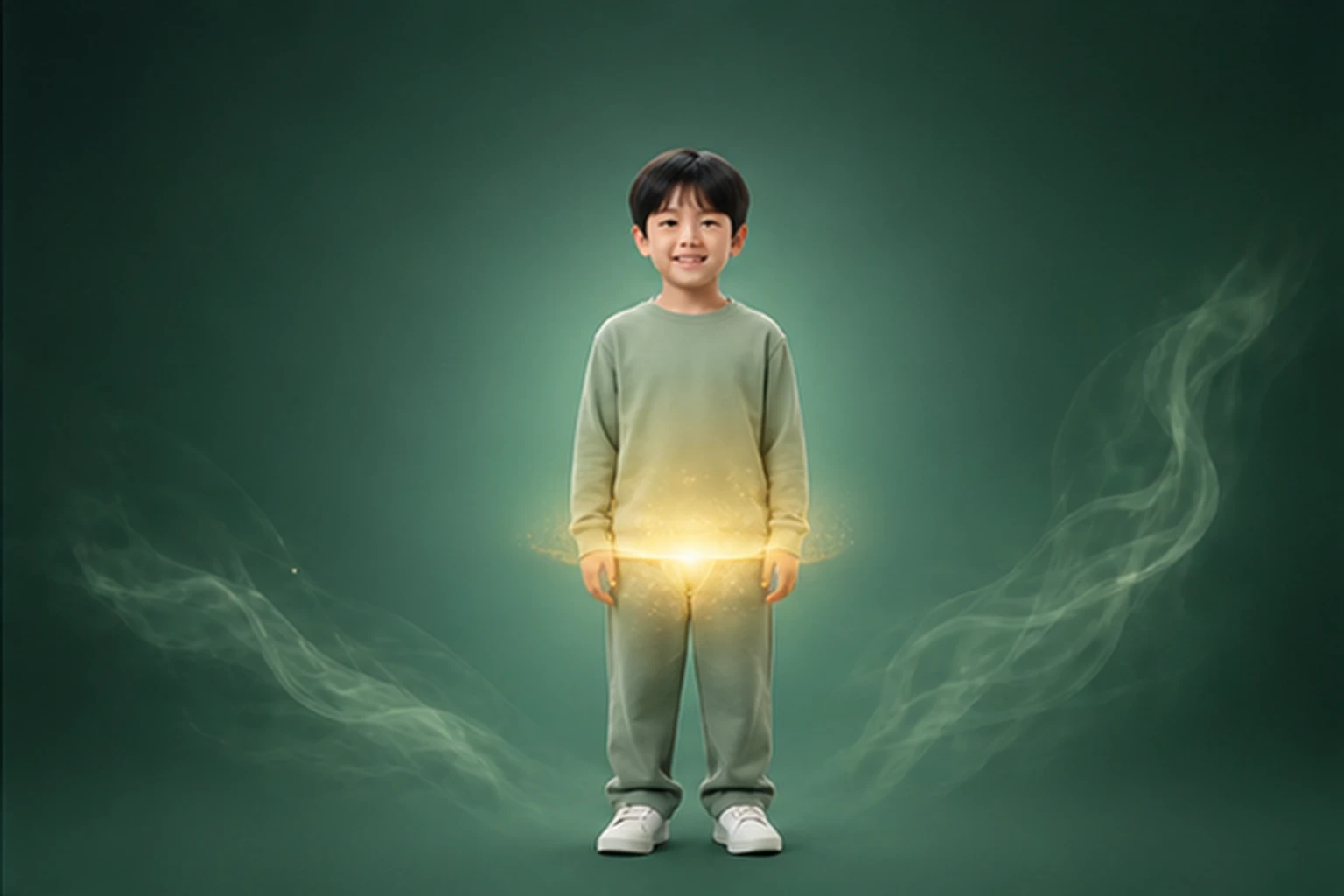 소아야뇨증 아이의 머리부터 발끝까지 온전한 인체 형태에서 물질의 흐름을 선명한 황금빛으로 보여 주는 담적병 골든셋 교육 이미지
