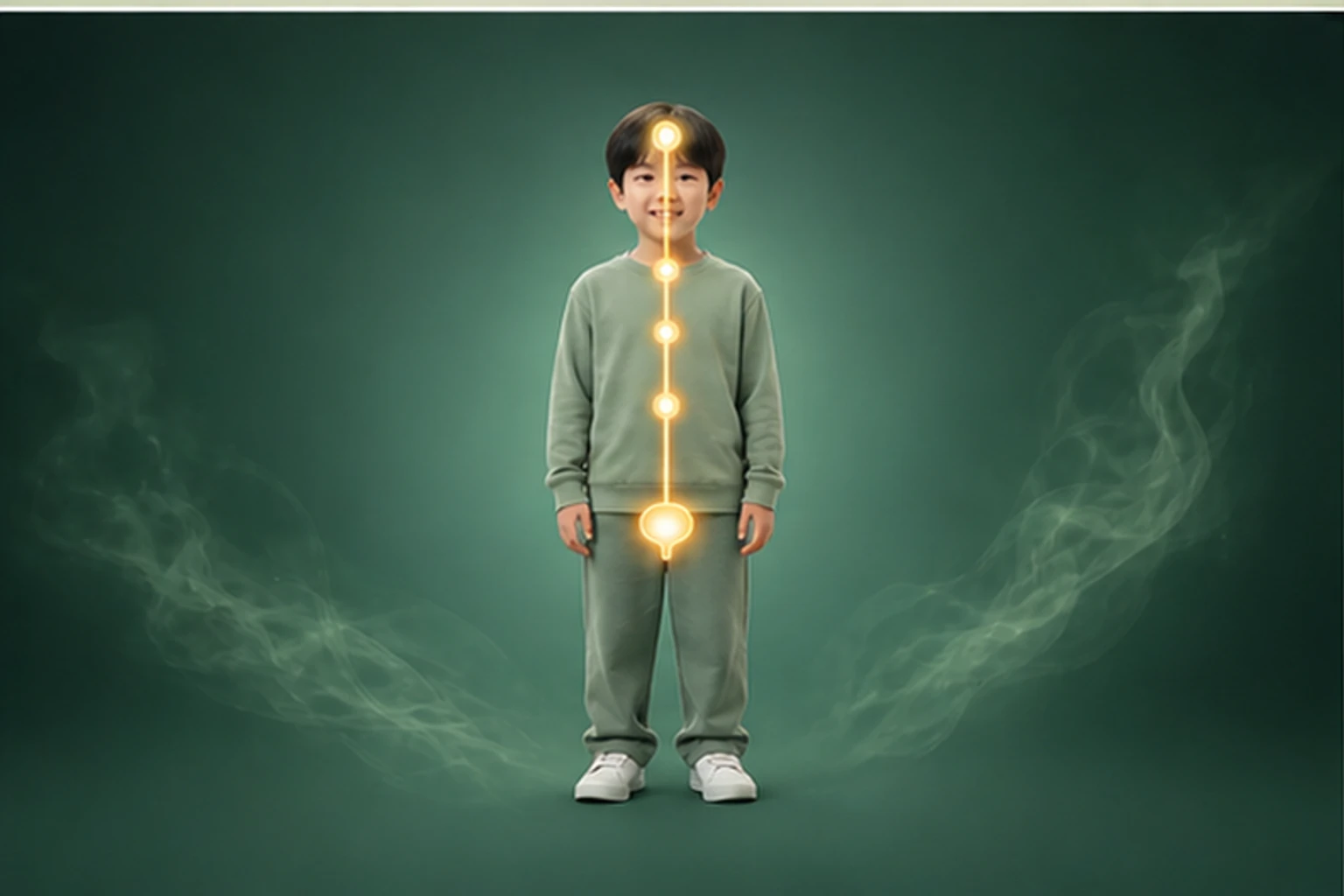 소아야뇨증 아이의 머리부터 발끝까지 온전한 인체 형태에서 신호의 흐름을 선명한 황금빛으로 보여 주는 담적병 골든셋 교육 이미지