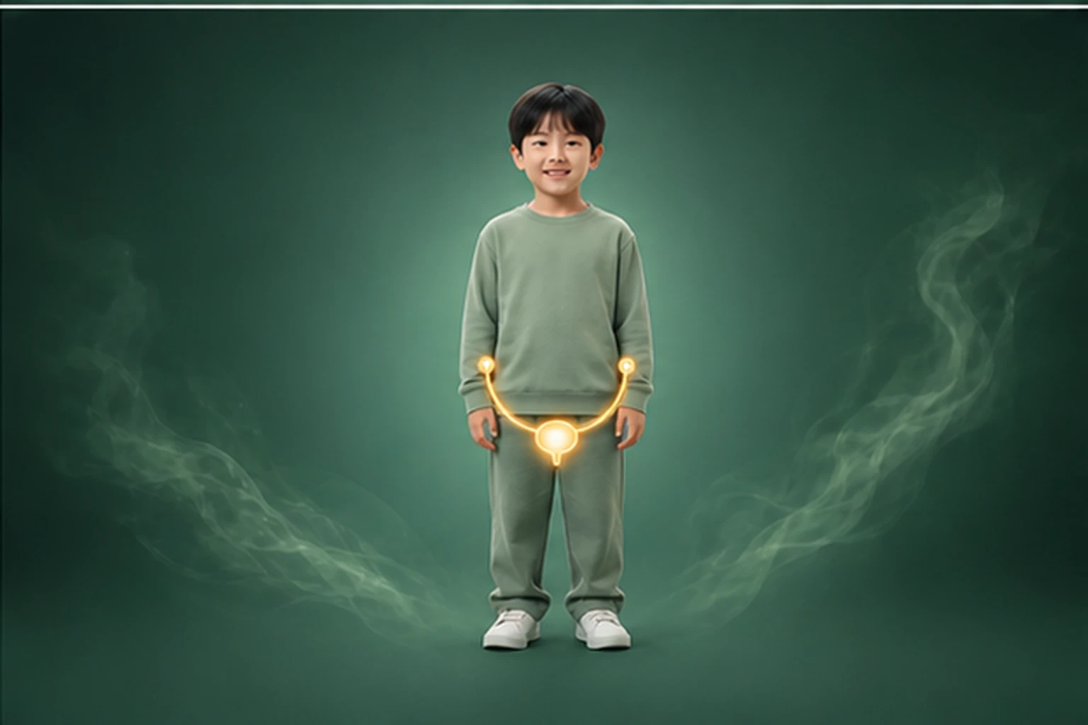 소아야뇨증 아이의 머리부터 발끝까지 온전한 인체 형태에서 구조의 흐름을 선명한 황금빛으로 보여 주는 담적병 골든셋 교육 이미지