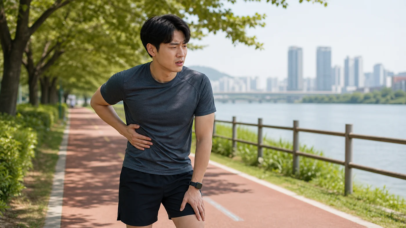 한국인 운동 환자가 강변 러닝 중 갈비뼈 아래 옆구리를 짚고 멈춰 선 장면